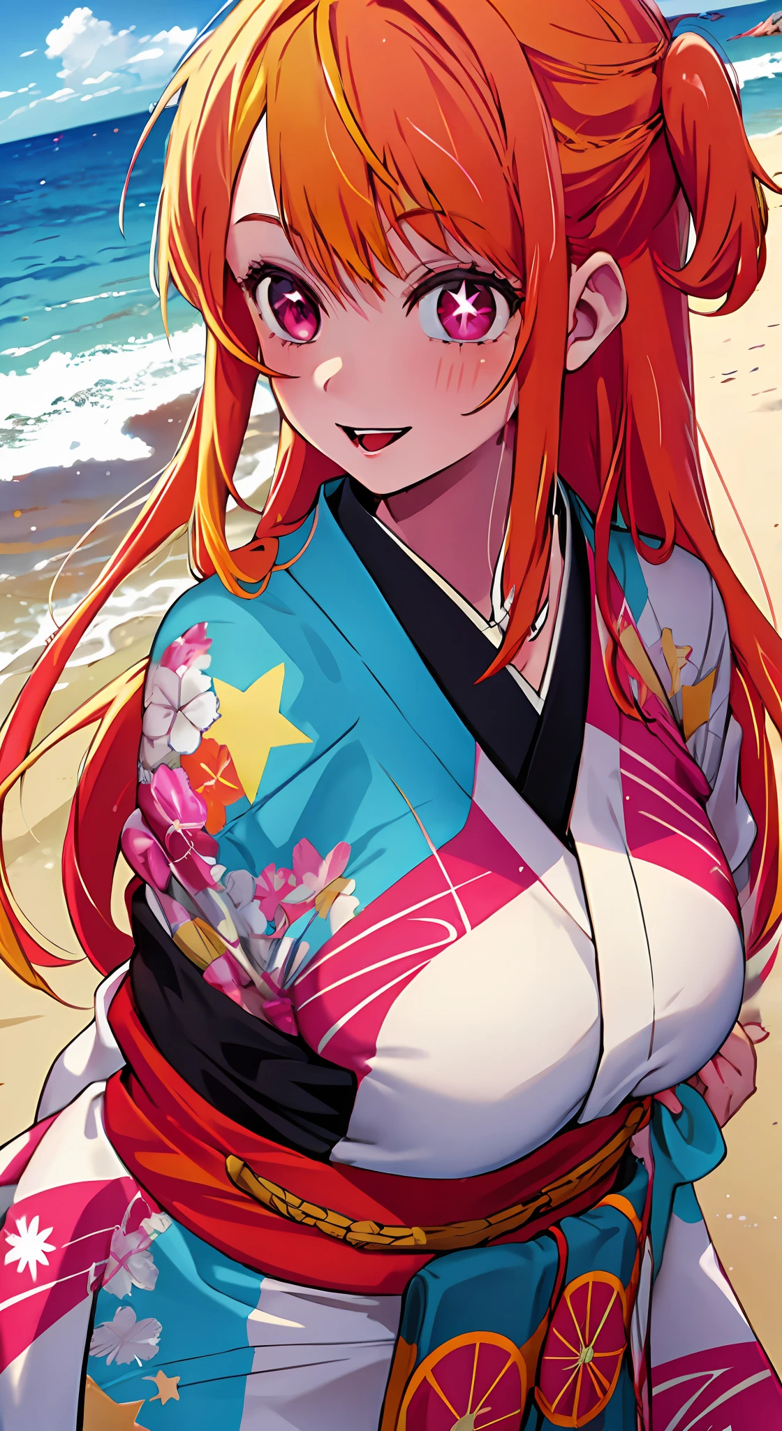 1girl, solo, star-shaped pupils in left eye, orange hair, long hair, pink eyes, kimono, blonde, bangs,happy,posing, multicolored hair, beach background