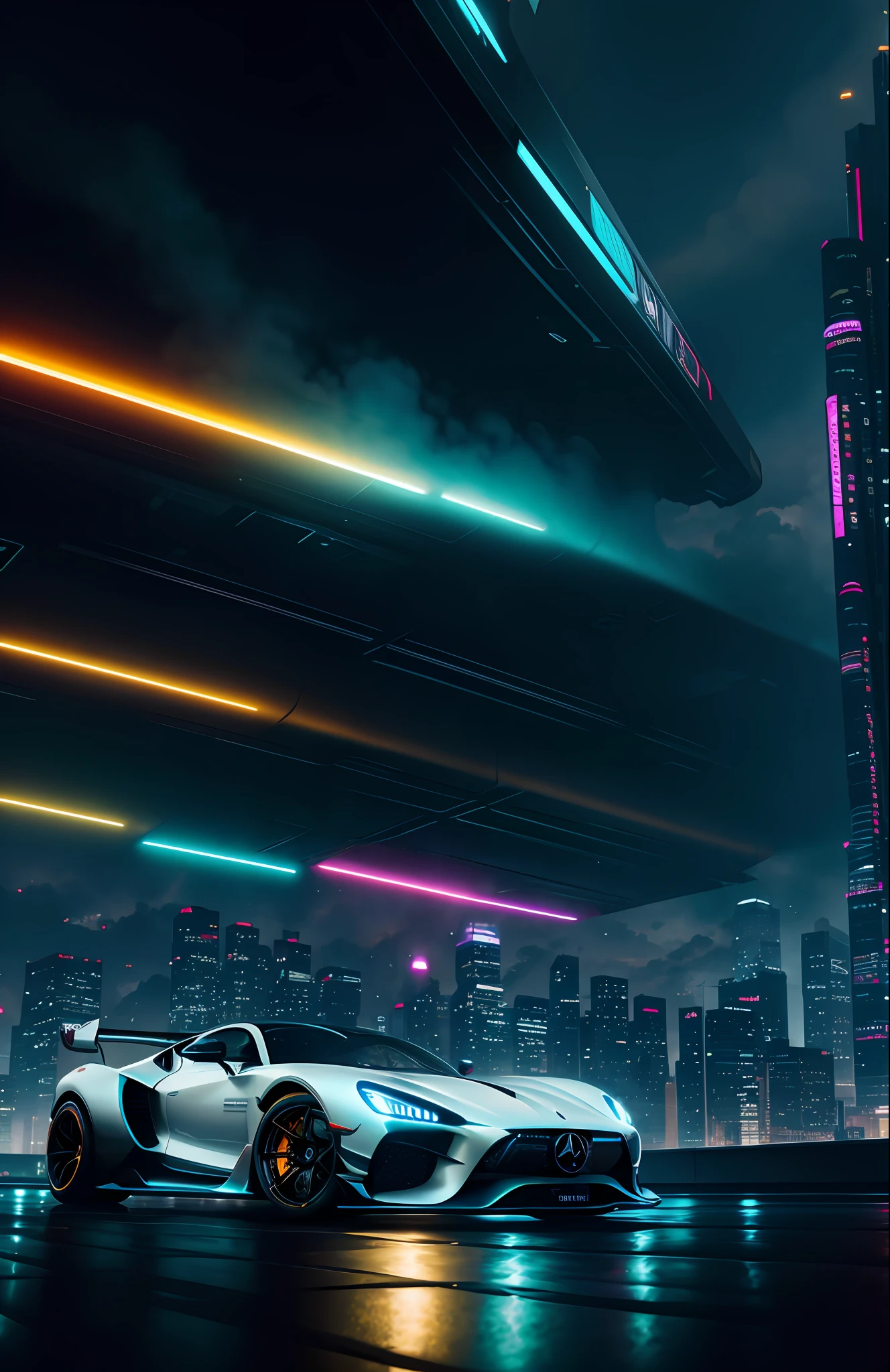 hypercars cyberpunk, muted colors ,swirling color smokes,legend,cityscape,space,mercedez benz