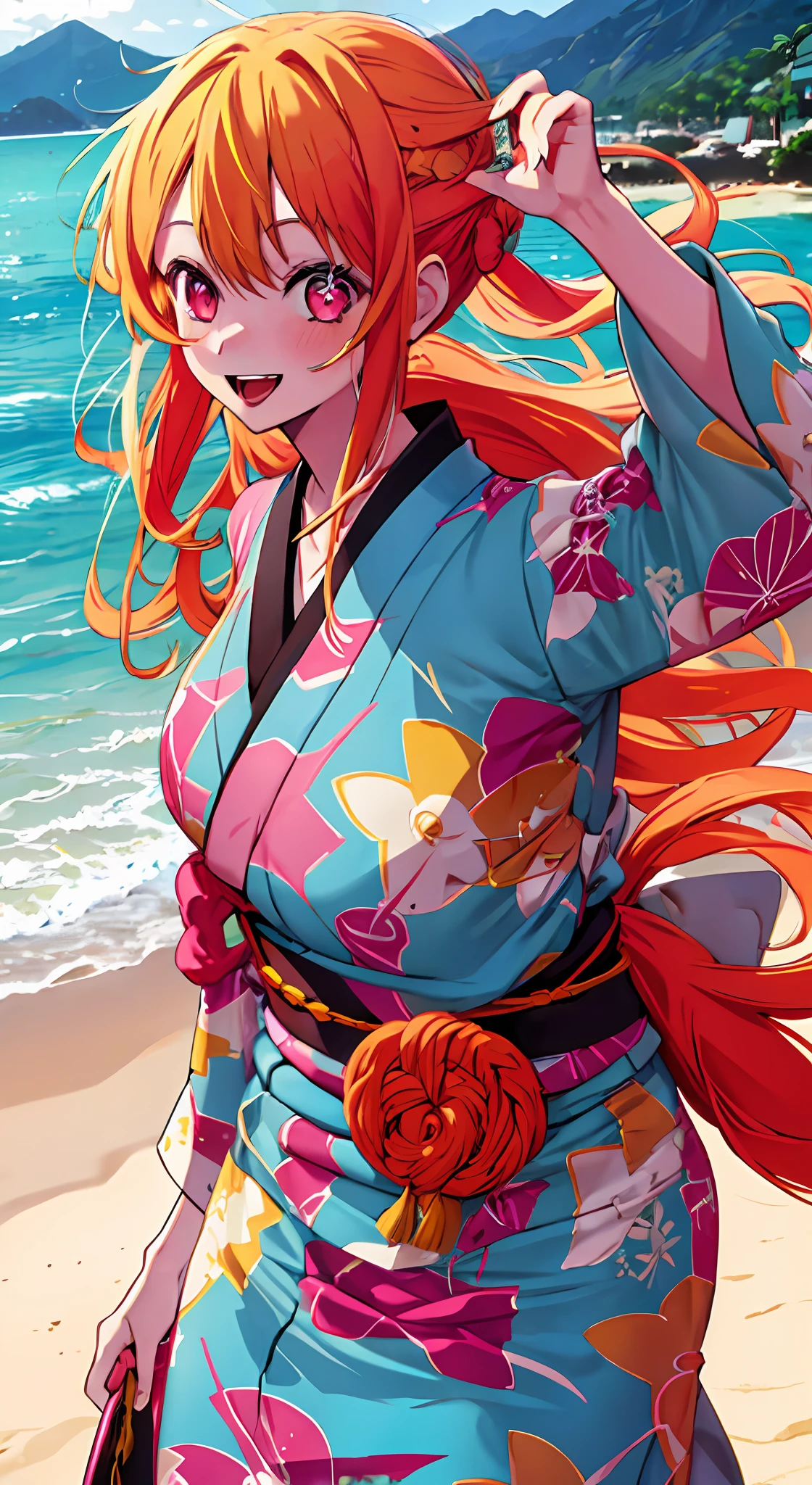 1girl, solo, star-shaped pupils in left eye, orange hair, long hair, pink eyes, kimono, blonde, bangs,happy,posing, multicolored hair, beach background