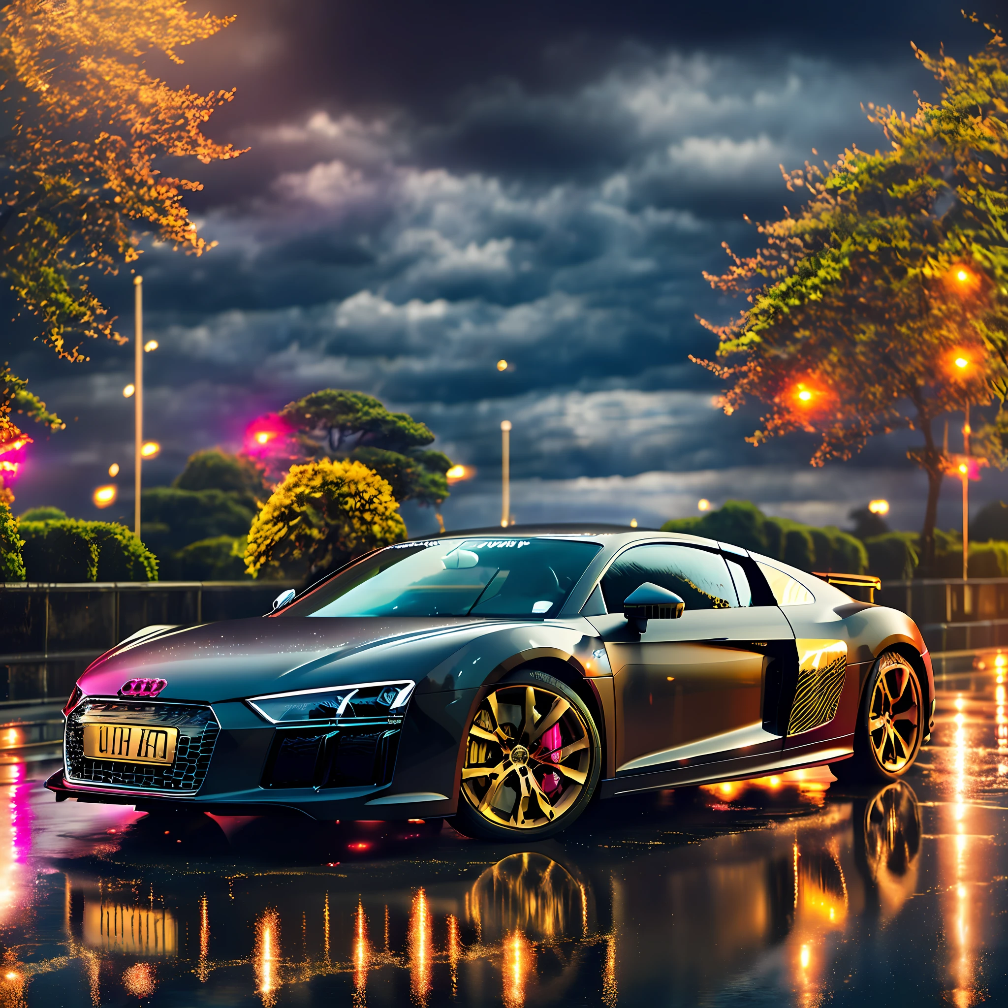 Ultra realistic 35mm photograph of a BLACK AUDI R8, with golden wheels, with golden details, parked diagonally on the street after the rain with splashes of water on the bodywork, cinematic city and some trees with pink leaves, dramatic lighting, ultra resolution, surrealism, reflections on the ground and cloudy sky