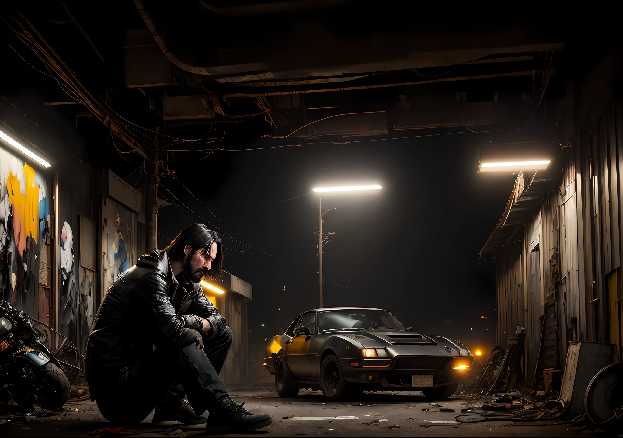 Keanu Reeves Dark photo: sitting next to a junkyard, realistic epic, portrait, eyes of Atey Ghailan, Greg Rutkowski, Greg Tocchini, James Gilleard, Joe Fenton, Kaethe Butcher, yellow gradient, black, brown and magenta color scheme, grunge aesthetic!!! Graffiti brand wall background, art by Greg Rutkowski and Artgerm, soft cinematic light, Adobe Lightroom, Photo Lab, HDR, intricate, highly detailed, (depth of field: 1.4), faded, (neutral colors: 1.2), (HDR: 1.4), (soft colors:1.2), hyperdetailed, (Artstation:1.4), cinematic, warm lights, dramatic light, (intricate details:1.1), complex background, (Rutkowski:0.66), (blue and orange:0.4)
