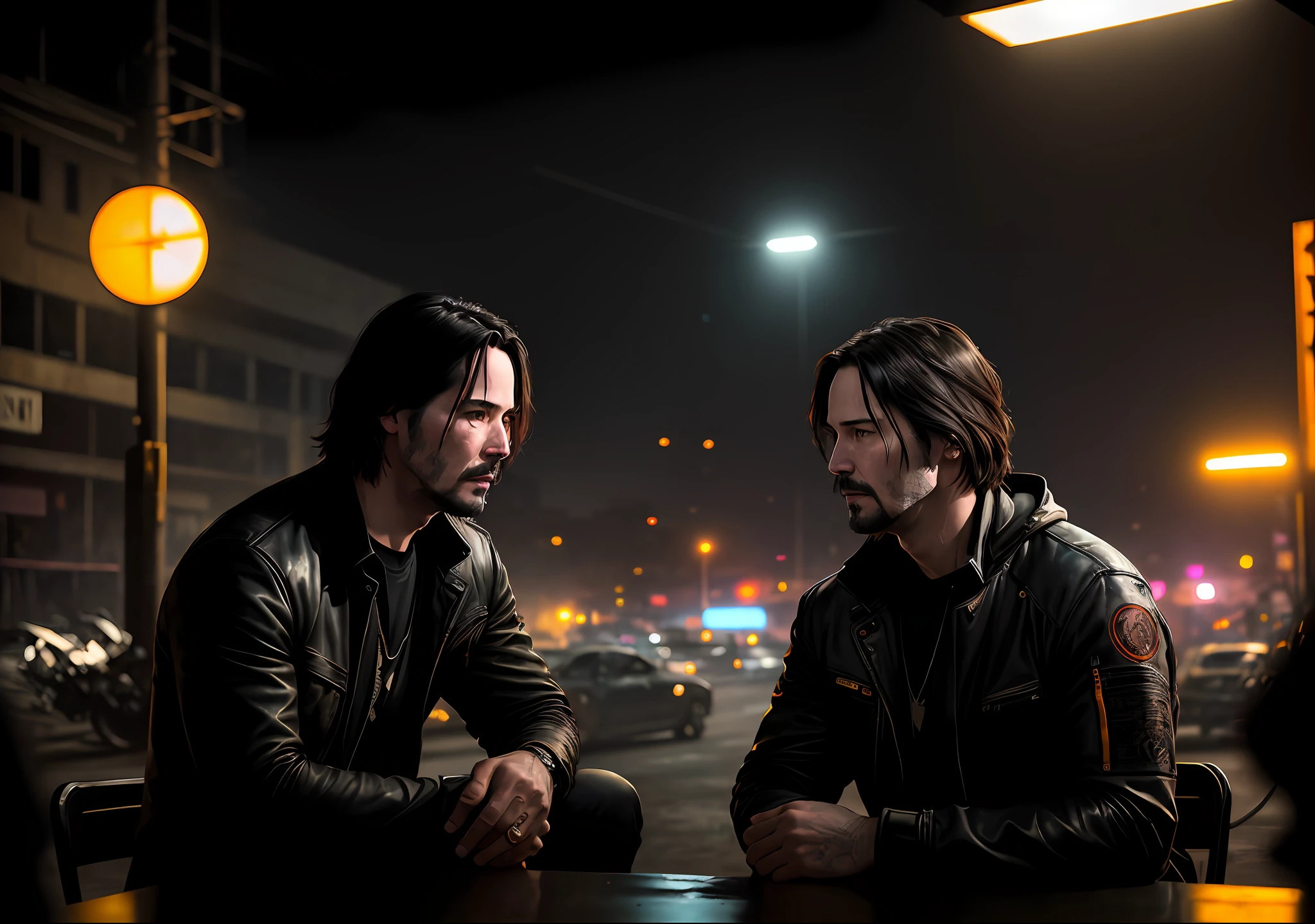 Keanu Reeves Dark photo: sitting next to a junkyard, realistic epic, portrait, eyes of Atey Ghailan, Greg Rutkowski, Greg Tocchini, James Gilleard, Joe Fenton, Kaethe Butcher, yellow gradient, black, brown and magenta color scheme, grunge aesthetic!!! Graffiti brand wall background, art by Greg Rutkowski and Artgerm, soft cinematic light, Adobe Lightroom, Photo Lab, HDR, intricate, highly detailed, (depth of field: 1.4), faded, (neutral colors: 1.2), (HDR: 1.4), (soft colors:1.2), hyperdetailed, (Artstation:1.4), cinematic, warm lights, dramatic light, (intricate details:1.1), complex background, (Rutkowski:0.66), (blue and orange:0.4)