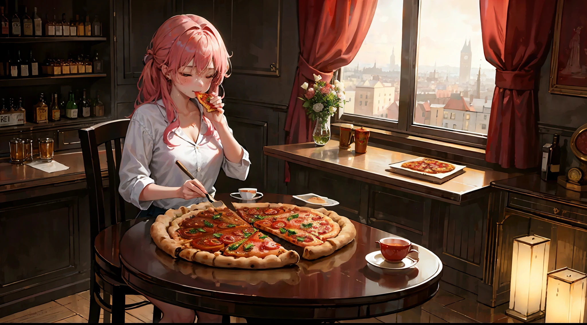 ((official art)), ((concept art)), The girl sat at the table, holding a hot and delicious pepperoni pizza in her hand. The brown crust was lightly crispy, with golden spots on the surface. When she brought the pizza to her face, a unique aroma opened up, mingling with notes of freshly baked dough, tomato sauce, and aromatic spices. The pizza was generously sprinkled with juicy slices of spicy pepperoni, a beef sausage seasoned with hot peppers. These round, slightly curled slices on the edges created a magnificent spectacle against the light red background of the tomato sauce. They stood out with their bright orange hue, as if they embodied fire, ready to ignite the girl's taste buds. When she took her first bite of the pizza, the crispy crust broke through, releasing a couple of small clouds of soft and melting cheese. The melted cheese slowly dripped off the edge of the pizza, forming delicious strands that stretched from the slice to her mouth. These threads formed a strong bond between the pizza and the girl, like an invisible thread inextricably linking her to pleasure. The hot and tangy taste of the pepperoni filled her mouth, enveloping it in a juicy and flavorful palette. Her sensitive taste buds allowed her to feel every note of flavor-the hotness of the pepper, the meaty spiciness, and the slight sweetness of the tomato sauce. Each bite was intense and so satisfying that she could not resist closing her eyes and sinking completely into this taste ecstasy. There was a thick aroma of pizza all around her that filled the entire room. The pizza reeked of the incredible smell of freshly baked dough, juicy meat, and tomato sauce with a touch of basil. An ocean of steam rose over the pizza, creating a mesmerizing picture, as if gentle clouds of steam danced in the air, reflecting the heat and flavor of this flawless dish. The girl enjoyed every bite of pepperoni pizza, soaking up every cell of her taste experience. Her lips were lightly coated with tomato sauce