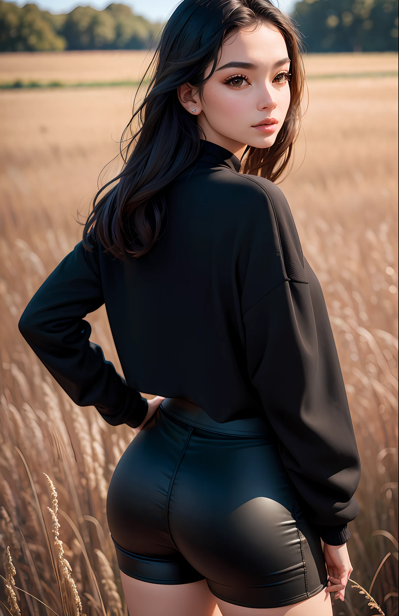 High angle photo of a beautiful young woman in the style of Stefan Kostic, realistic skin texture, looks up, black sweatshirt, 1/2 body cut, 8 5 mm art lens, f 1. 2, sharp focus, 8K high definition, insanely detailed, intricate, elegant, art by Stanley Lau and Artgerm Costa full body looking back tight black shorts in the field on a sunny day