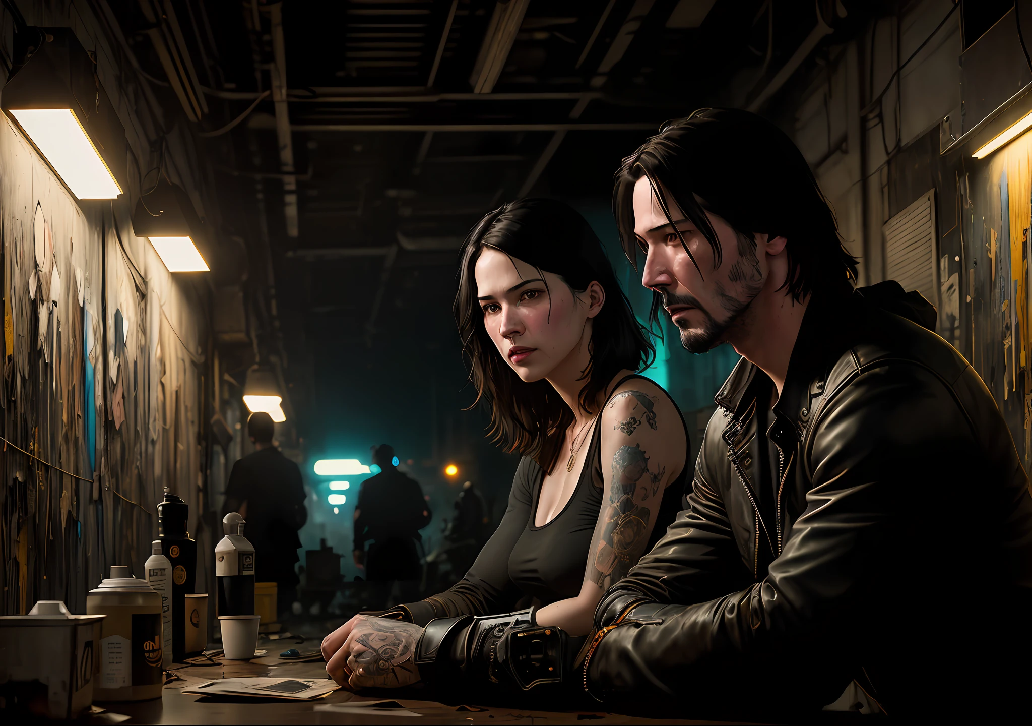 Keanu Reeves Dark photo: sitting next to a junkyard, realistic epic, portrait, eyes of Atey Ghailan, Greg Rutkowski, Greg Tocchini, James Gilleard, Joe Fenton, Kaethe Butcher, yellow gradient, black, brown and magenta color scheme, grunge aesthetic!!! Graffiti brand wall background, art by Greg Rutkowski and Artgerm, soft cinematic light, Adobe Lightroom, Photo Lab, HDR, intricate, highly detailed, (depth of field: 1.4), faded, (neutral colors: 1.2), (HDR: 1.4), (soft colors:1.2), hyperdetailed, (Artstation:1.4), cinematic, warm lights, dramatic light, (intricate details:1.1), complex background, (Rutkowski:0.66), (blue and orange:0.4)