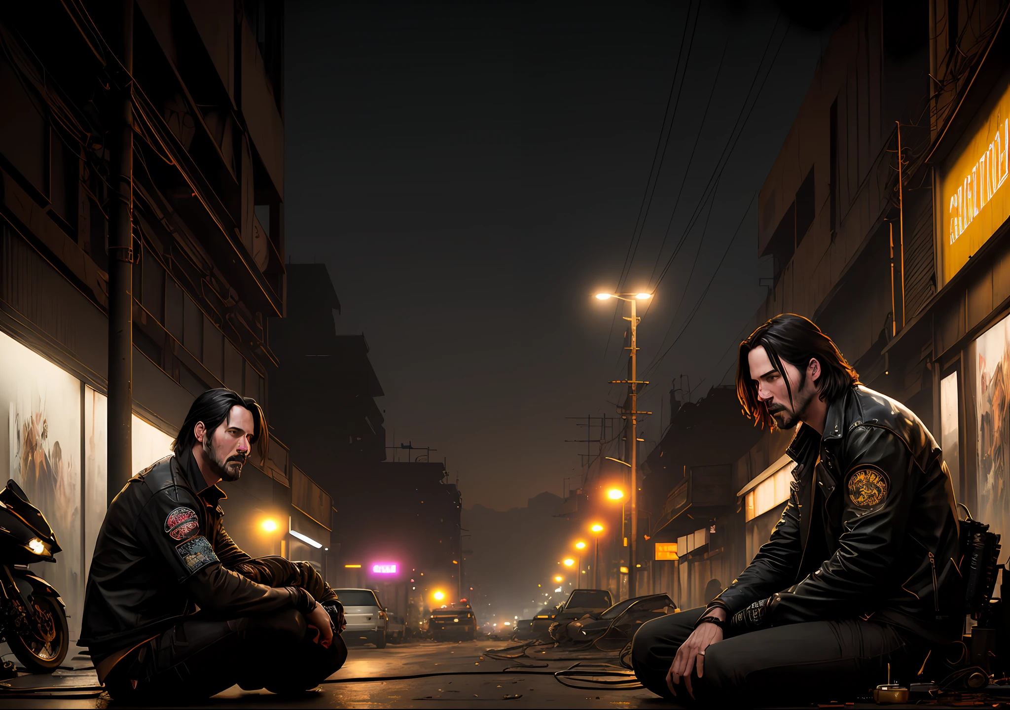 Keanu Reeves Dark photo: sitting next to a junkyard, realistic epic, portrait, eyes of Atey Ghailan, Greg Rutkowski, Greg Tocchini, James Gilleard, Joe Fenton, Kaethe Butcher, yellow gradient, black, brown and magenta color scheme, grunge aesthetic!!! Graffiti brand wall background, art by Greg Rutkowski and Artgerm, soft cinematic light, Adobe Lightroom, Photo Lab, HDR, intricate, highly detailed, (depth of field: 1.4), faded, (neutral colors: 1.2), (HDR: 1.4), (soft colors:1.2), hyperdetailed, (Artstation:1.4), cinematic, warm lights, dramatic light, (intricate details:1.1), complex background, (Rutkowski:0.66), (blue and orange:0.4)