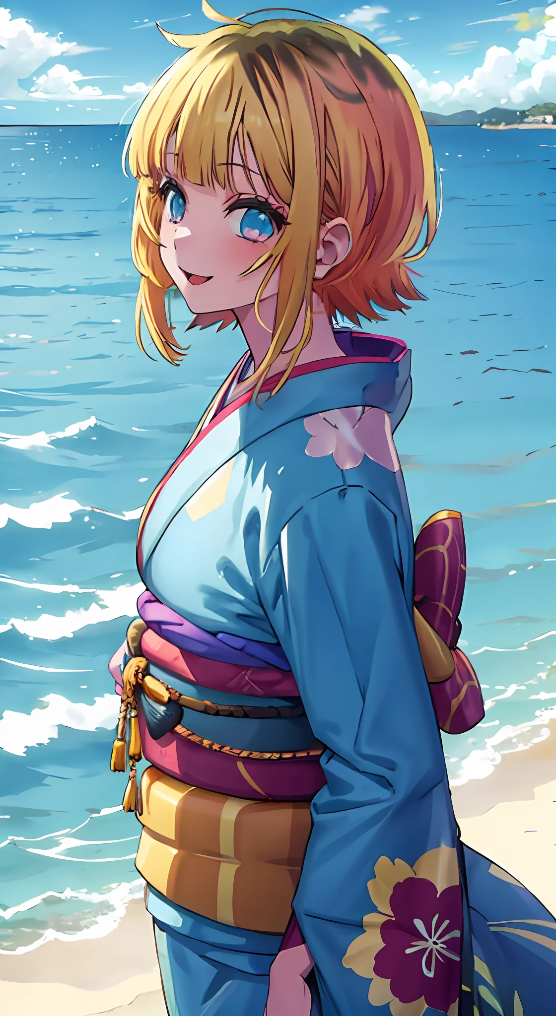 1girl, solo, kimono, blonde, bangs,happy,posing, multicolored hair, beach background