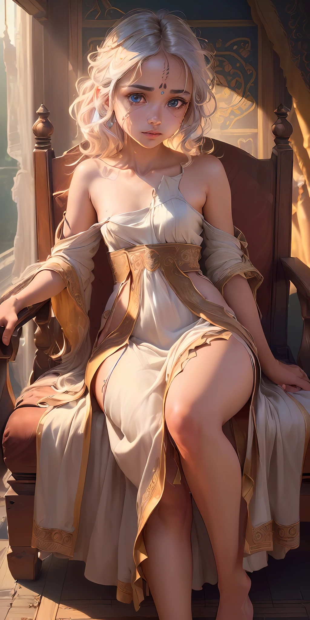 (extremely detailed CG unity 8k wallpaper:1.5),<(masterpiece:1.5), (best quality:1.7), high resolution illustration, (finely detailed eyes and detailed face:1.3), (detail:1.3, best quality, (ultra-detailed), (an extremely delicate and beautiful), (illustration), (painting),(masterpiece:1.5),cinematic light,dynamic angle,floating,sharp focus,(2d:1.7), (best quality:1.3),(illustration:1.1),((disheveled hair:1.2),(beautiful detailed eyes:1.1),(cinematic light:1.1), Indian girl, wearing a long, sitting on chair, bare hips, bare shoulder dress, small dress, unconcerned,