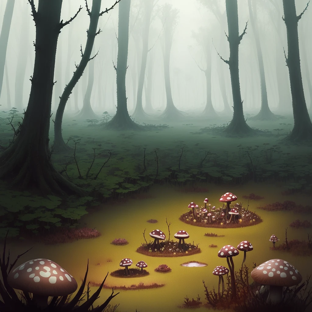 Poisonous anthill and mushrooms in a swamp with mist blood thorns
