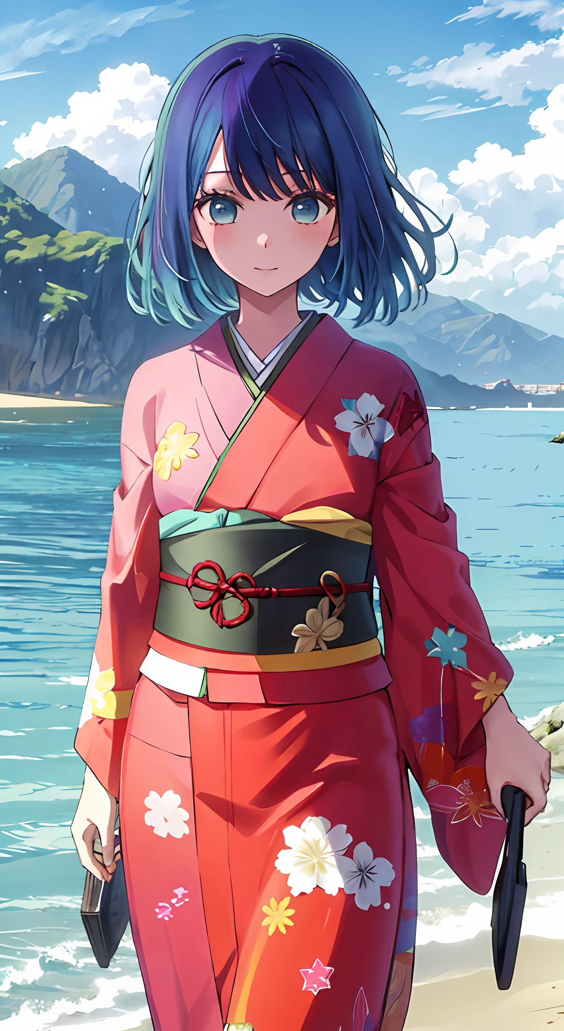 1girl, solo, kimono, bangs,happy,posing, multicolored hair, beach background, (masterpiece:1.2), highres, best quality, 8k,