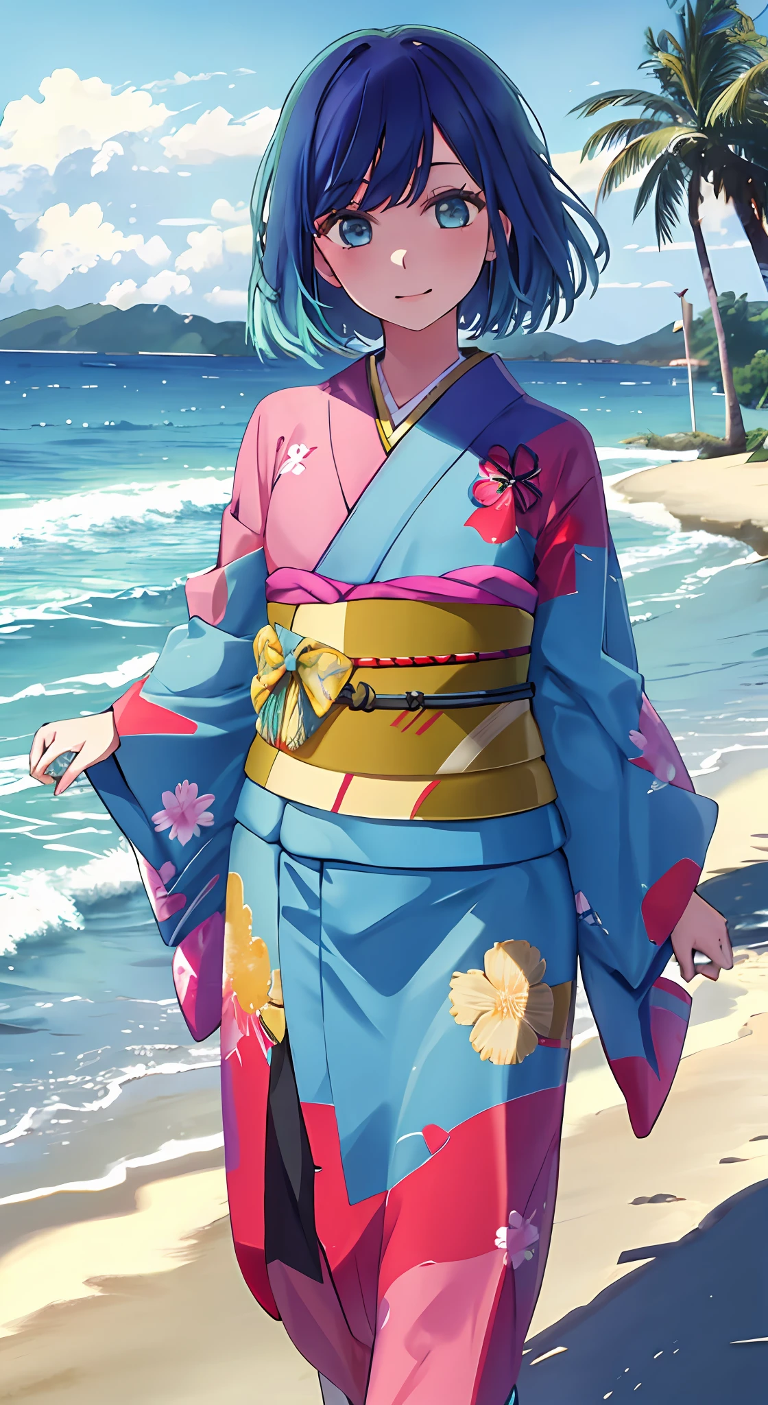 1girl, solo, kimono, bangs,happy,posing, multicolored hair, beach background, (masterpiece:1.2), highres, best quality, 8k,