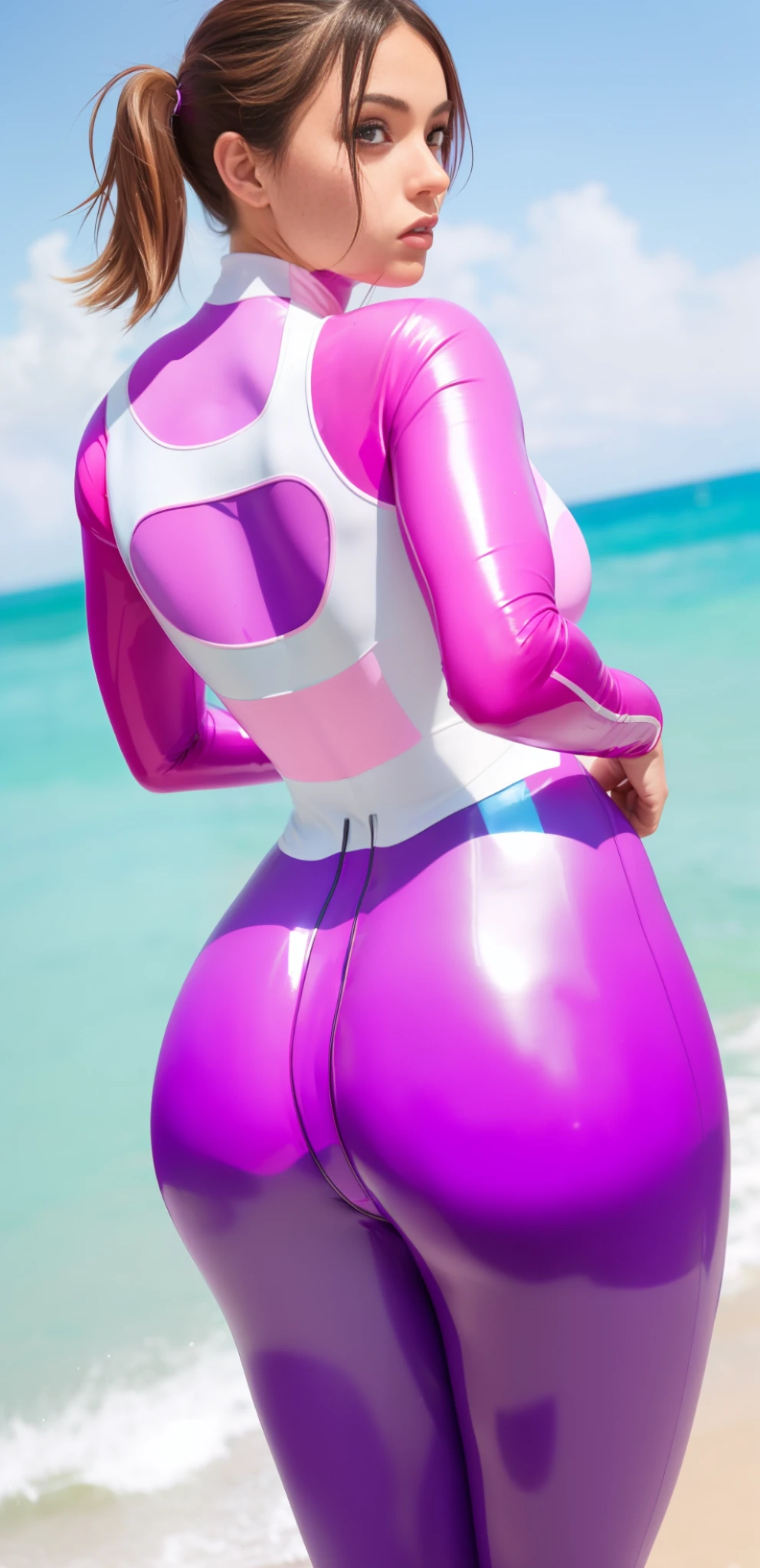 araffe in a pink and white wetsuit posing for a picture, tight outfit, tight attire, in spandex suit, purple and blue leather, wearing tight suit, bubblegum body, tracer in a skintight dress, curvy accentuated booty, thicc, toned derriere, wearing leotard, skintight suits, purple body, latex shiny