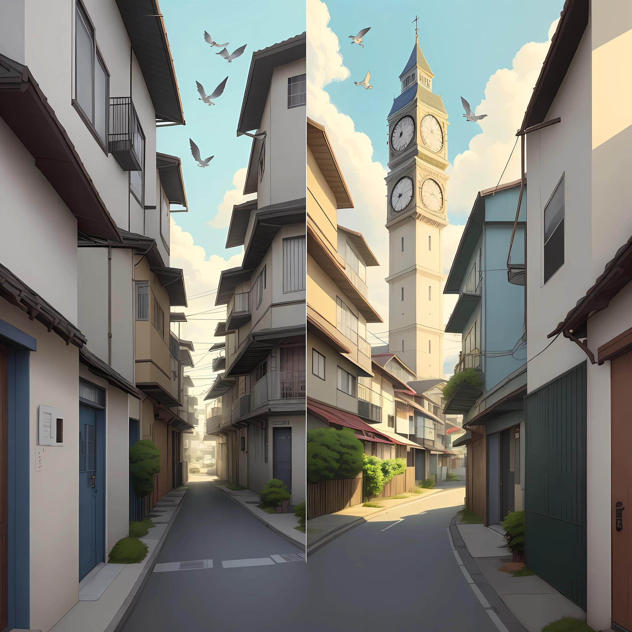 painting of a street with a clock tower and birds flying over it, official anime media, inspired by Kaii Higashiyama, trend in artstartion, cinematic sunny daylight, very, very anime! Location (favela_wall), Artgram, Calm and relaxing vibes, amazing Miyazaki, Anime style