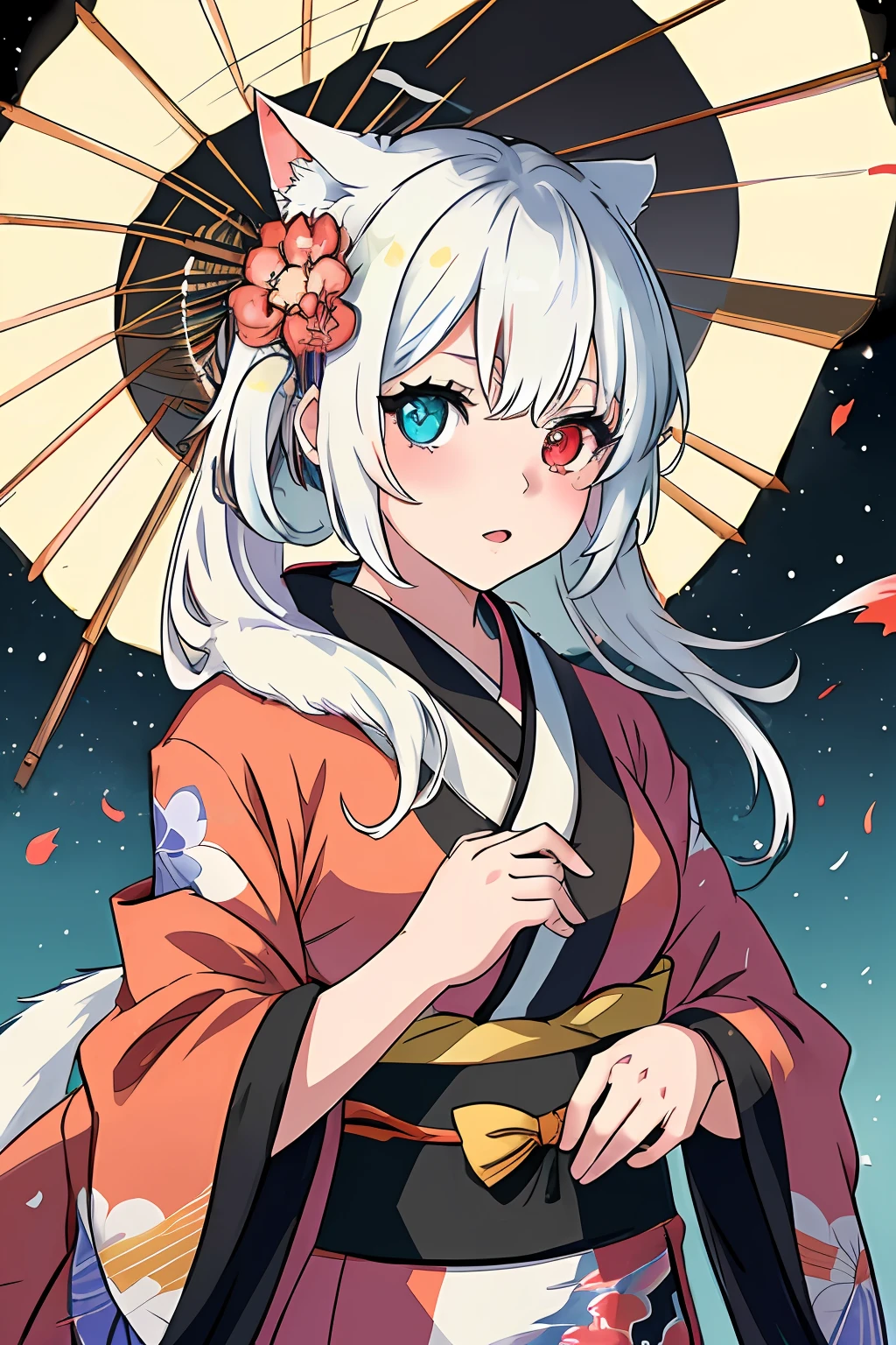 ((Ultra-Detailed)), ((Anime Girl cute)), ((Heterochromia Neko Kimono)): a remarkable and breathtaking artwork featuring a neko girl with heterochromia in her eyes wearing a beautiful kimono. Every aspect of the ultra-detailed illustration is expertly rendered, from the intricate patterns of the kimono's fabric to the hyper-detailed coloring and texture in the character's fur. The skillfully detailed heterochromia in her eyes provides an added layer of nuance and depth to the artwork. Scenic, masterpiece, extremely detailed 8K CG unity wallpaper.