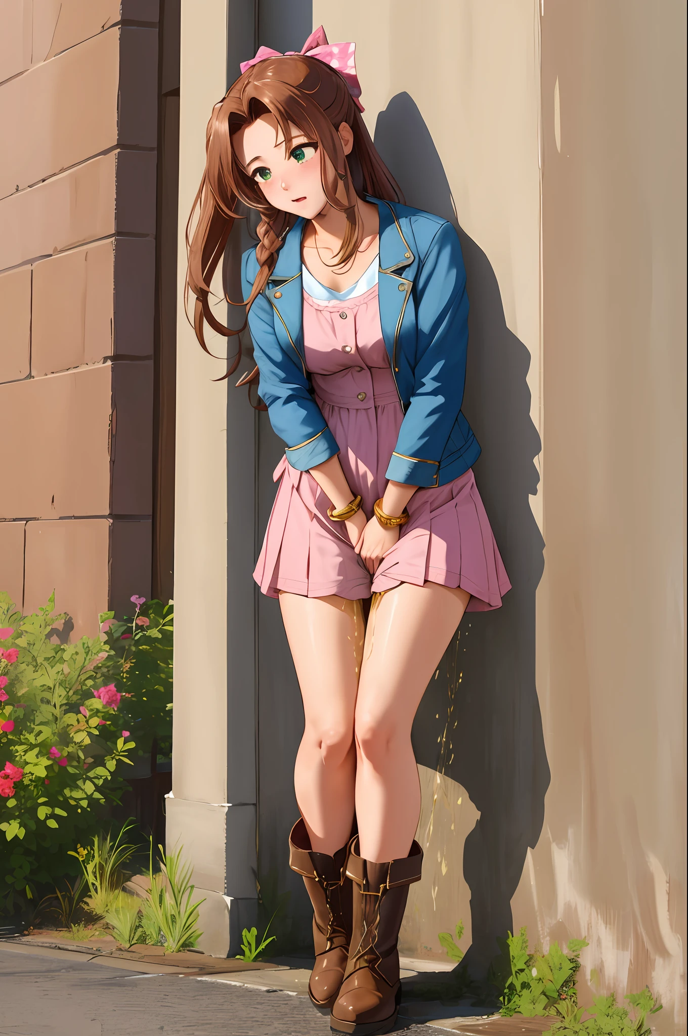 multi view upper body, upskirt view, legs together, perfect atwork, peeing, peeing herself, her own urine is trickling down her legs, perfect female figure, Aerith Gainsborough, holding small flower basket, peeing down her legs, green eyes, surrounded by other people, standing in very busy midgar city street, sunny, choker, cropped jacket, hair bow, bracelet, long pink dress, brown ankle boots, looking down nervously, shy, embarrassed, aroused, shocked, panicking, worried, outdoors, a small puddle of her own urine is forming around her feet on the dry ground, very desperate to pee, wetting herself, urination, high detail, Realism, Hyperrealism, three sided view, ccurate, masterpiece, highres, UHD, anatomically correct, super detail, best quality, highres, 8k