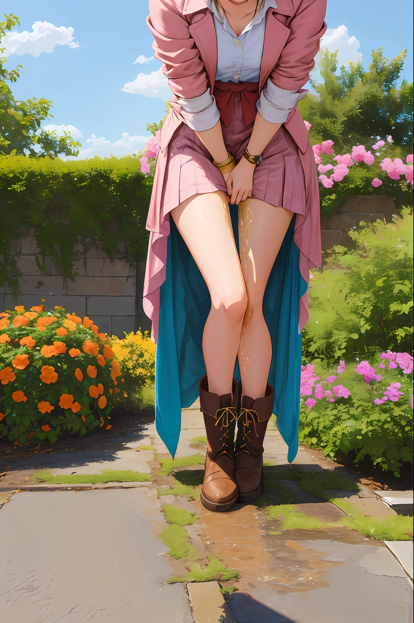 multi view upper body, upskirt view, legs together, perfect atwork, peeing, peeing herself, her own urine is trickling down her legs, perfect female figure, Aerith Gainsborough, holding small flower basket, peeing down her legs, green eyes, surrounded by other people, standing in very busy midgar city street, sunny, choker, cropped jacket, hair bow, bracelet, long pink dress, brown ankle boots, looking down nervously, shy, embarrassed, aroused, shocked, panicking, worried, outdoors, a small puddle of her own urine is forming around her feet on the dry ground, very desperate to pee, wetting herself, urination, high detail, Realism, Hyperrealism, three sided view, ccurate, masterpiece, highres, UHD, anatomically correct, super detail, best quality, highres, 8k