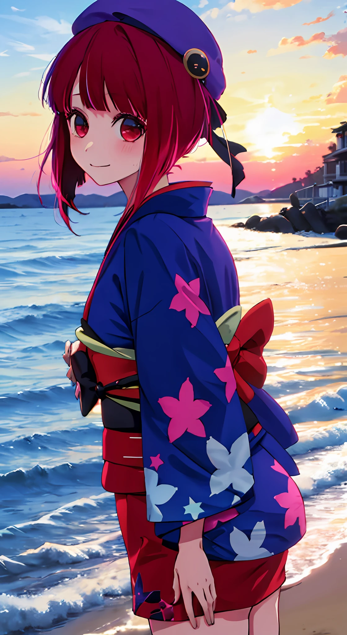 1girl, solo, kimono, bangs,happy,posing, multicolored hair, beach background, Arima Kana, hat, blue headwear, beret, (masterpiece:1.2), highres, best quality, 8k, sunset beach background