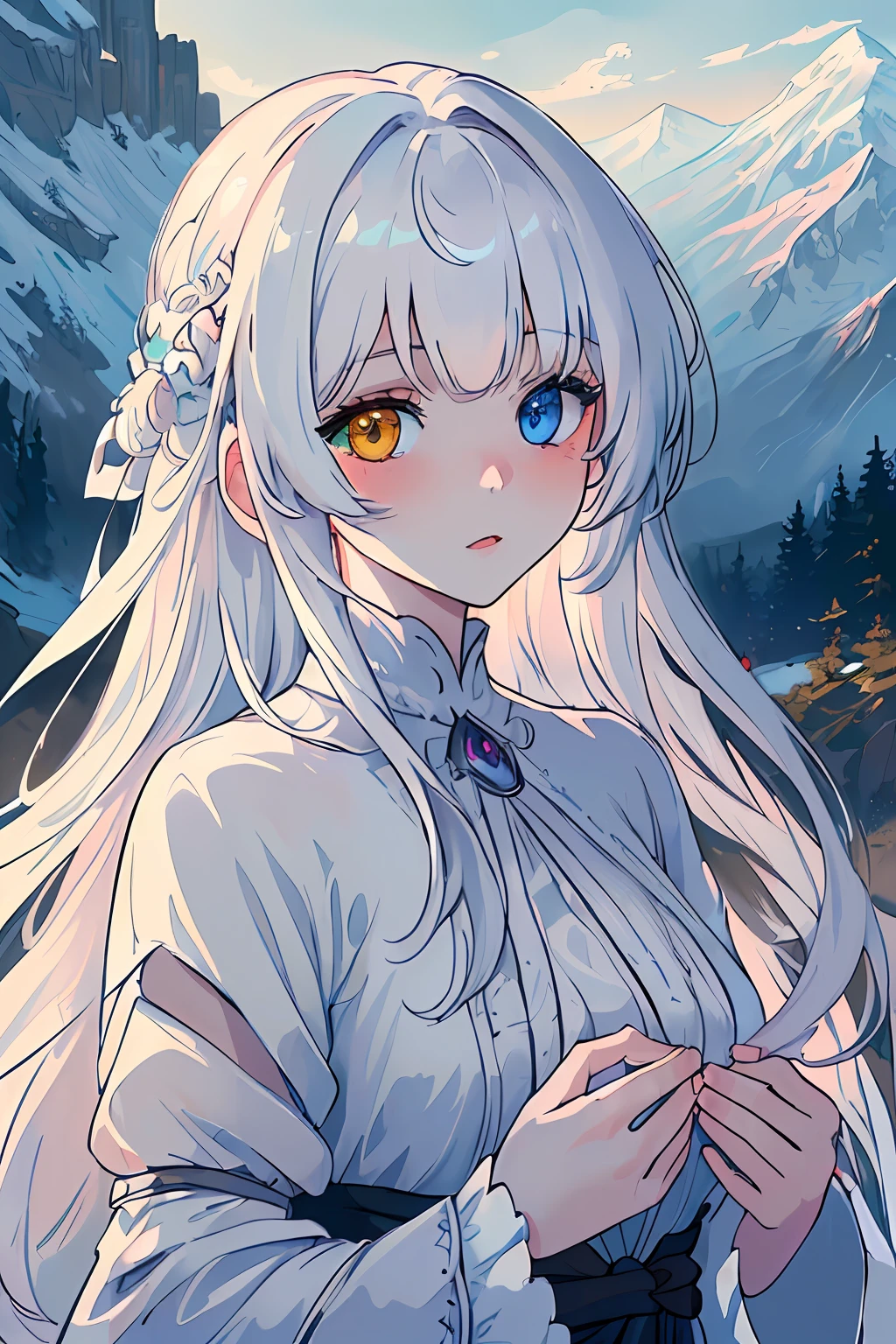 ((Masterpiece)), ((ultra detailed)), ((extremely detailed 8K CG unity wallpaper)), ((best quality)), ((heterochromia eyes)), ((best artist)), ((best designer)), ((soft lighting)), ((amazing artwork)), (girl) beautiful with long white hair, white skin, ((portrait format)), (incredible mountain landscape), wearing a beautiful white silk dress.