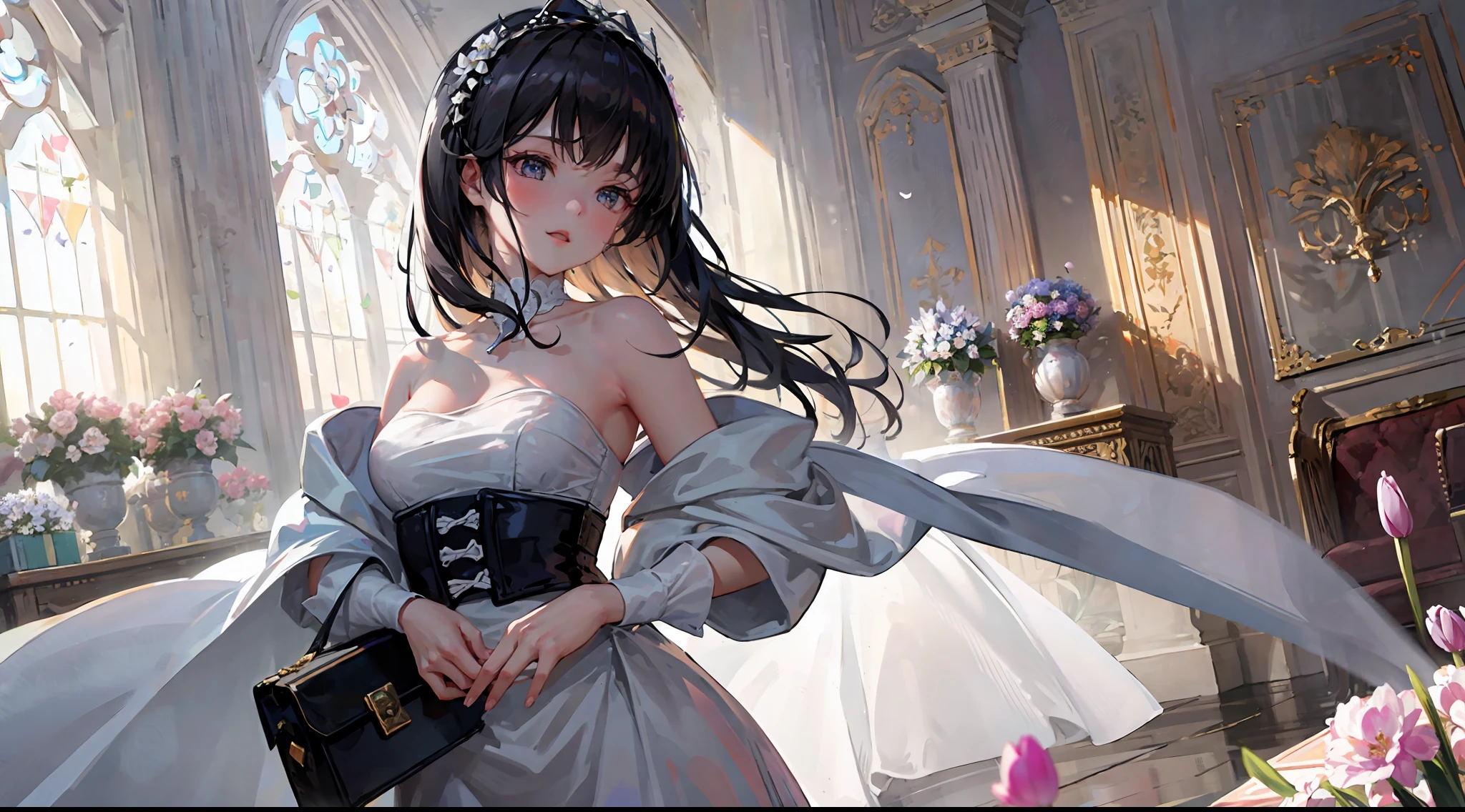 (((no human))), ((official art)), ((concept art)), In a low transparent vase stood five different flowers, forming a beautiful bouquet that delighted with its variety and beauty. The vase was made of thin, transparent glass, which perfectly transmitted light, creating the effect of refraction and play of flowers. The first color in the bouquet was represented by a bright and graceful rose. This rose was burgundy in color and shimmered with shades of raspberry. Its petals were tender and smooth, like silk fabrics, and each petal reverberated with warmth and sensuality. The rosebud was tightly closed, but already you could see how it was slowly opening, preparing to bloom in all its glory. Next to the rose stood a delicate pink peony. This flower was simply majestic, with its large, lush petals that felt like they were embracing each other. They were so delicate that it seemed as if each petal had been imbued with the tenderness of nature itself. The peony gave the impression of sophistication and luxury in the bouquet, its fragrance filling the vase, filling the air with a soft and sweet fragrance. The next flower in the bouquet was a bright yellow tulip. It symbolized sunshine and joy. Its juicy petals looked fresh and filled the vase with a bright glow. The tulip raised its head high, as if it sought to penetrate the depths of the expanse and illuminate every corner of the room with its bright color. Next to all this brightness was a deep purple lavender. Its stems were supple and graceful, and its inflorescences released a gorgeous fragrance that filled the air. The lavender was a bold accent in the bouquet, its color creating a sense of mystery and distraction. Finally, at the very top of the bouquet was the delicate blue hyacinth. Its whimsical flowers were tightly curled and created a delicate and clean look. This hyacinth had a fresh and light fragrance that filled the vase with its fragrances, spreading an atmosphere of spring and rebirth.