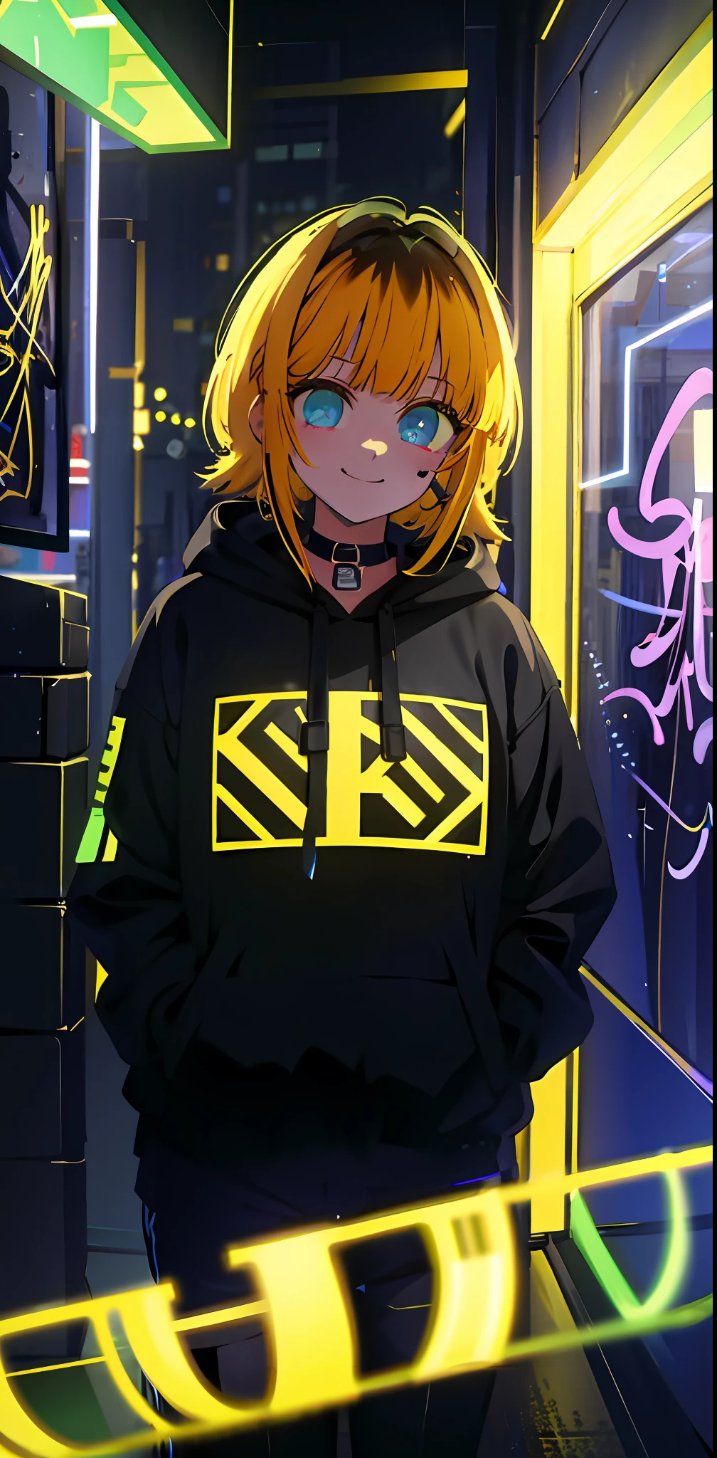 detailed background, masterpiece, best quality, smile, ornament, hoodie, portrait, yellow neon, graffiti, dark, night, glowing eyes, blacklight
