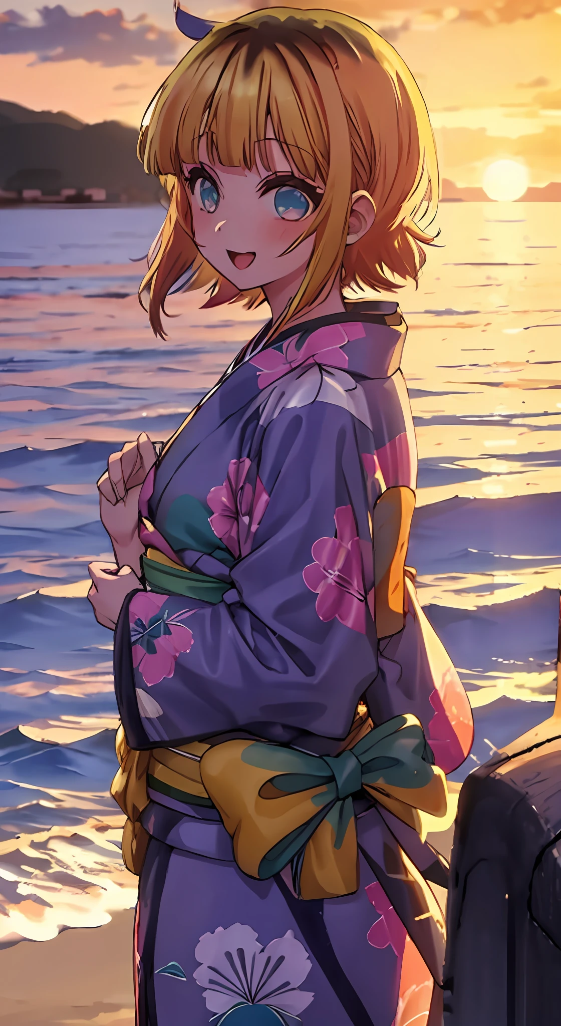 1girl, solo, kimono, blonde, bangs,happy,posing, multicolored hair, beach background, sunset beach background