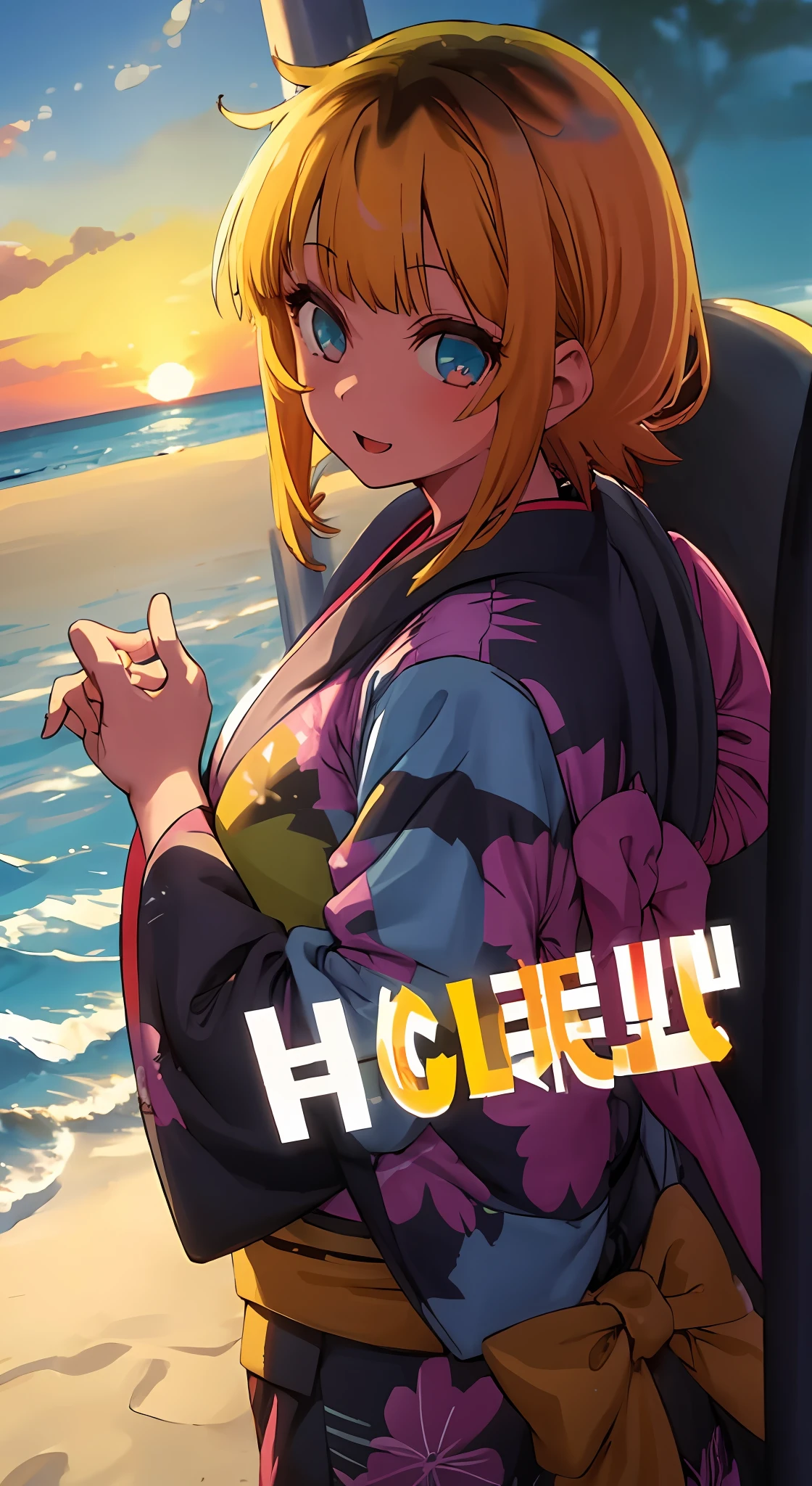 1girl, solo, kimono, blonde, bangs,happy,posing, multicolored hair, beach background, sunset beach background