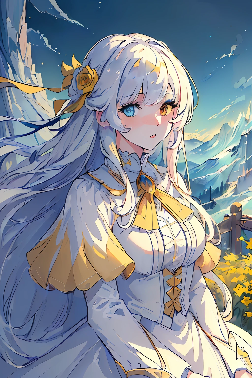 ((Masterpiece:1.4)), ((ultra detailed)), ((extremely detailed 8K CG unity wallpaper)), ((best quality:1.5)), ((heterochromia eyes: yellow and blue)), ((best artist)), ((best designer)), ((soft lighting)), ((amazing artwork)), (girl) beautiful with long white hair, white skin, ((portrait format)), (incredible mountain landscape), wearing a beautiful white silk dress.(UHD+), (HDR+)