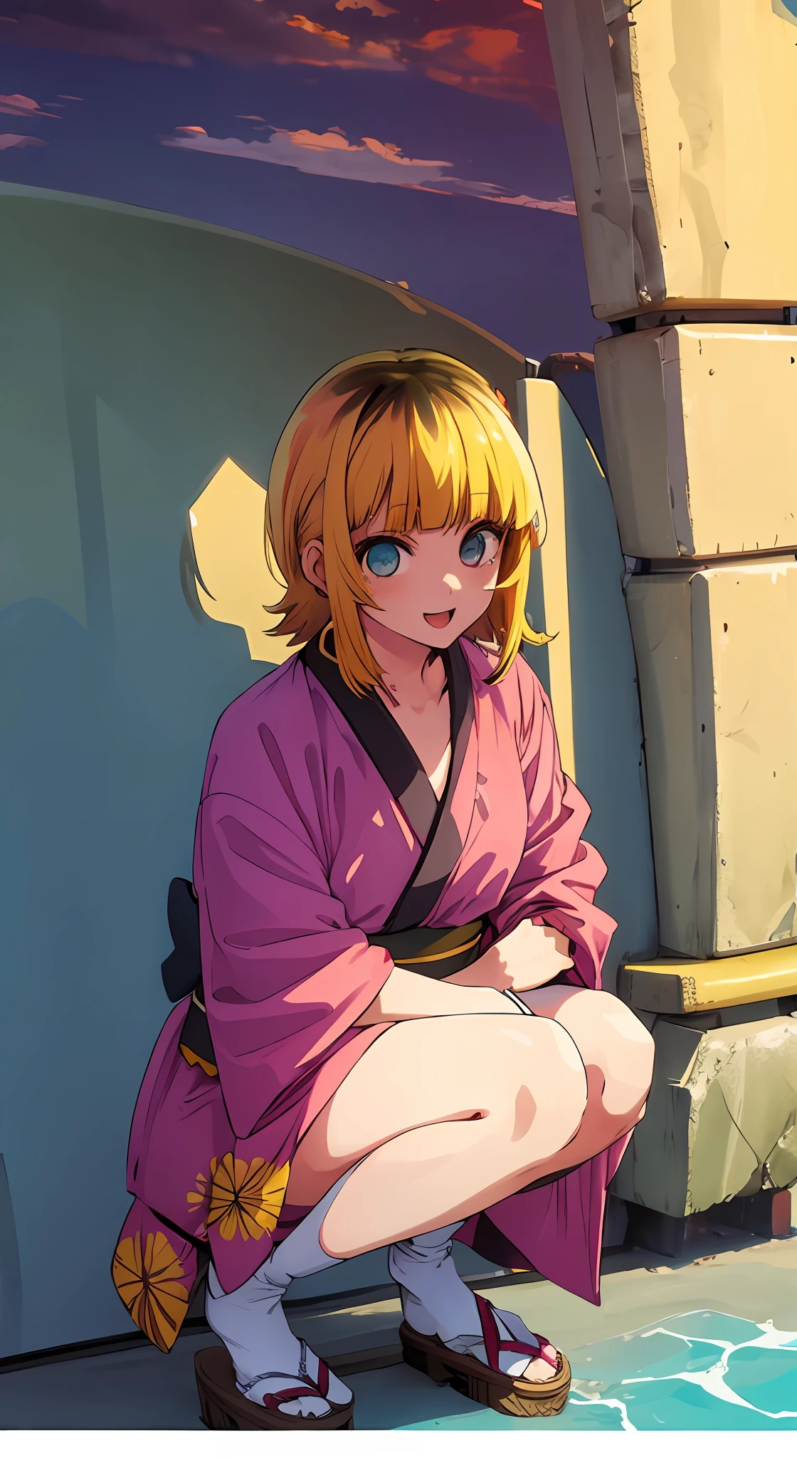 1girl, solo, kimono, blonde, bangs,happy,posing, multicolored hair, beach background, sunset beach background
