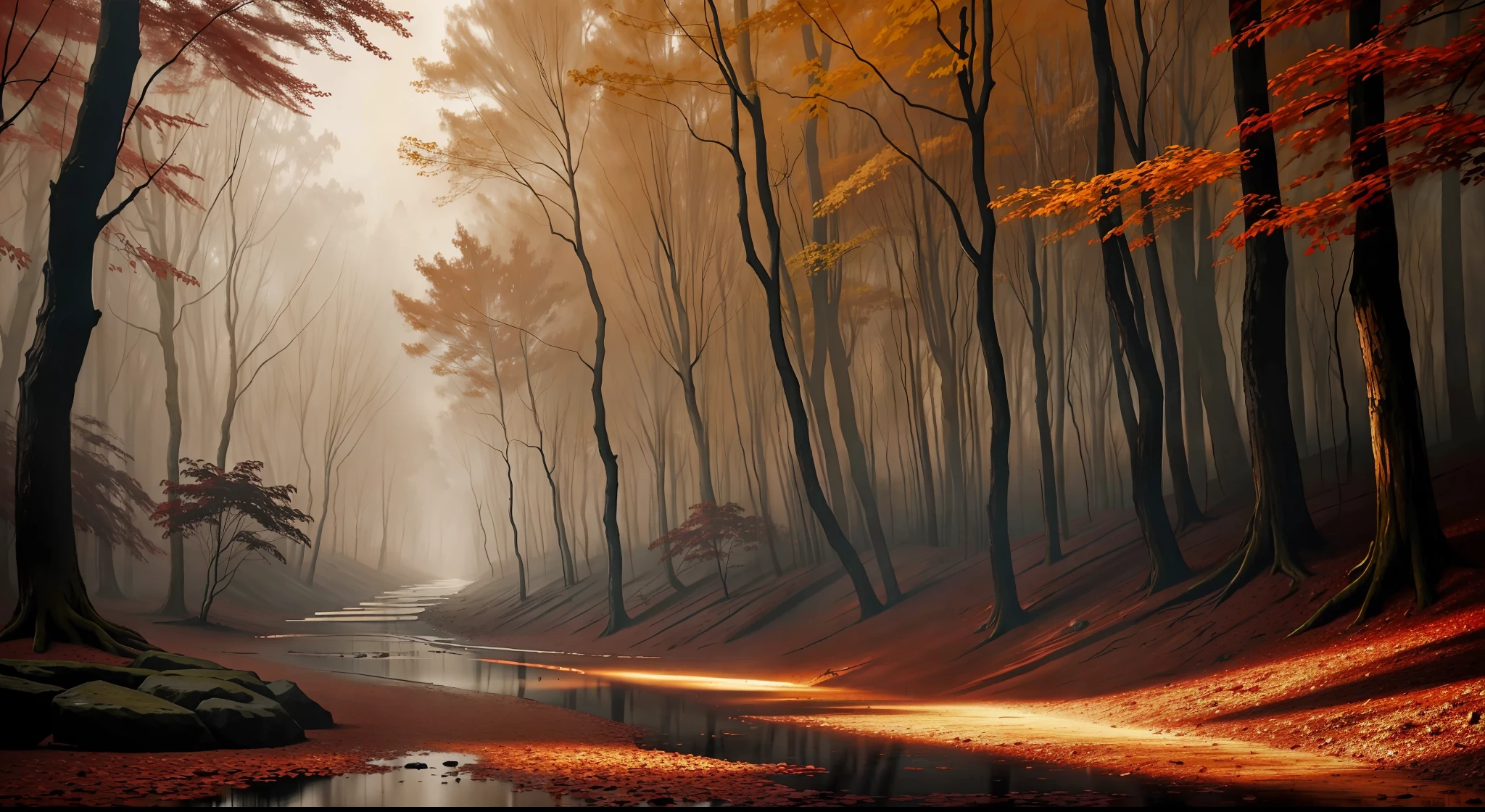 a detailed matte painting of an autumnal forest in the Carboniferous, raining by evgeny lushpin, jim burns and greg rutkowski, realistic concept art , complementary colors, 8k resolution, trending on artstation, wide-angle lens