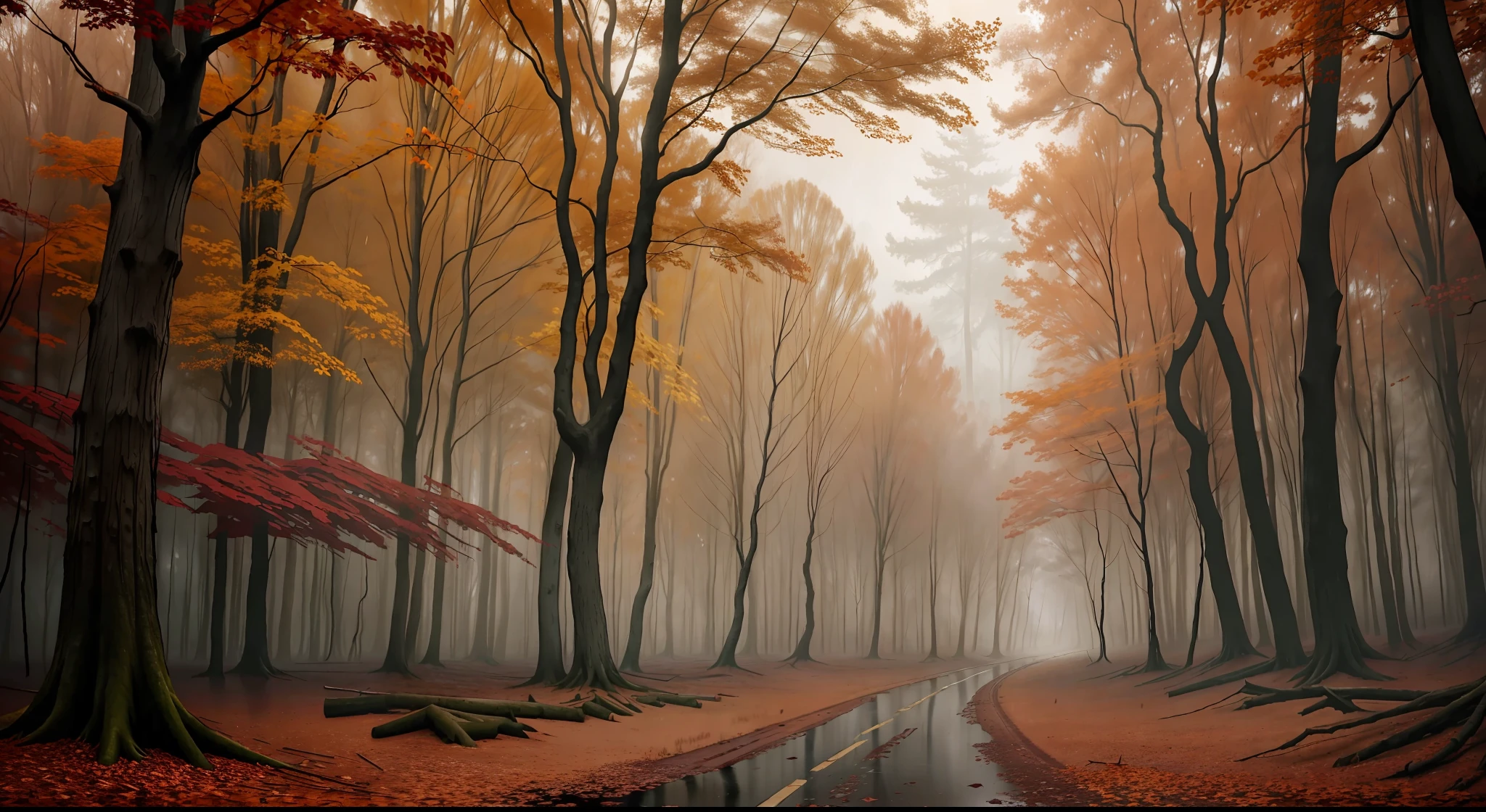 a detailed matte  painting of an autumnal forest  in the Carboniferous, raining by evgeny lushpin,   jim burns and greg rutkowski, realistic concept art , complementary colors,  8k resolution, trending on artstation,   wide-angle lens