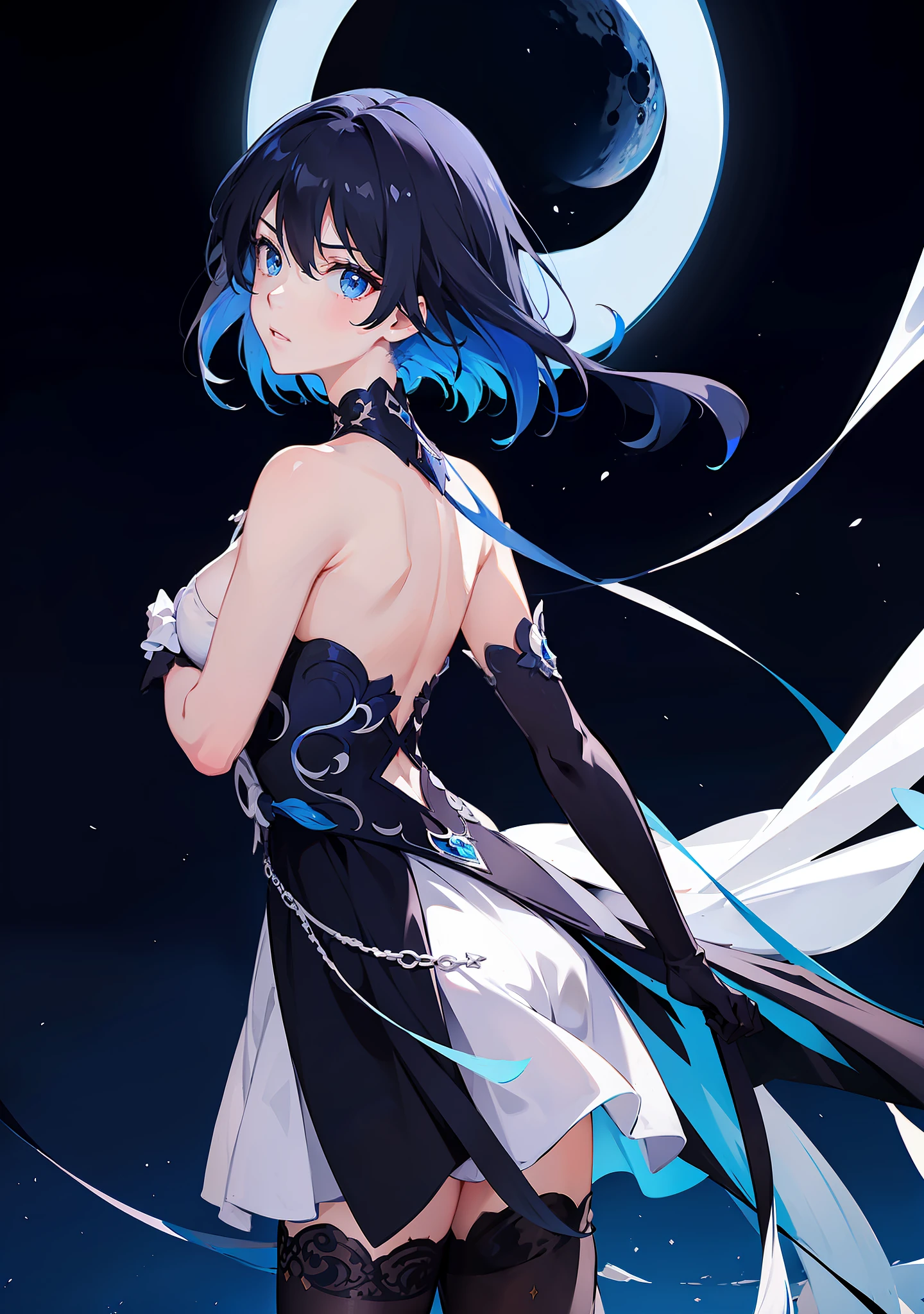 (8k, best quality, masterpiece:1.2), ultra-detailed, Masterpiece, realistic lighting,masterpiece, best quality, masterpiece,best quality,official art,extremely detailed CG unity 8k wallpaper, seele, 1girl, blue, city, sea, night, crescent moon, looking ahead, from side, long hair, multicolored hair, black hair, blue hair, blue eyes, expressionless,