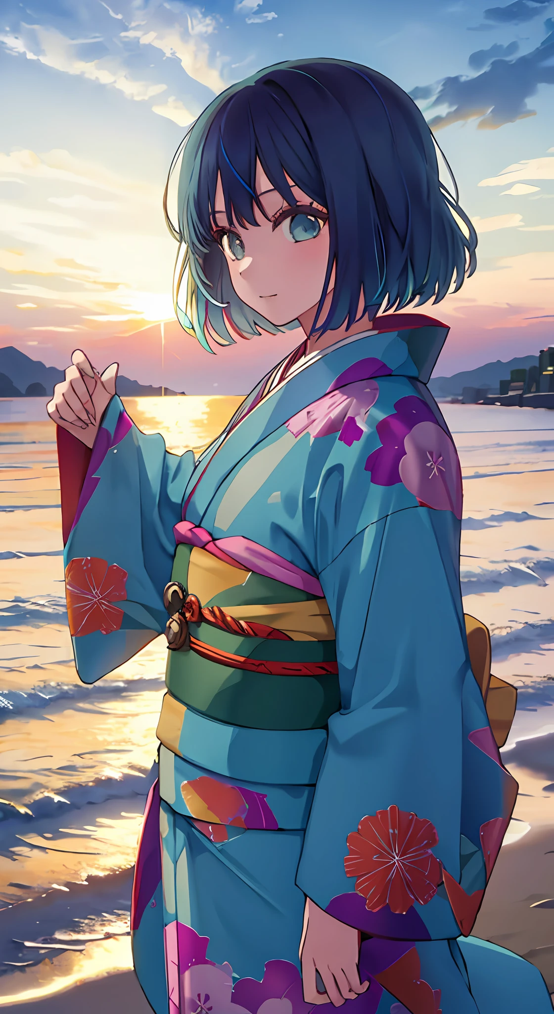 1girl, solo, kimono, bangs,happy,posing, multicolored hair, beach background, (masterpiece:1.2), highres, best quality, 8k, sunset beach background