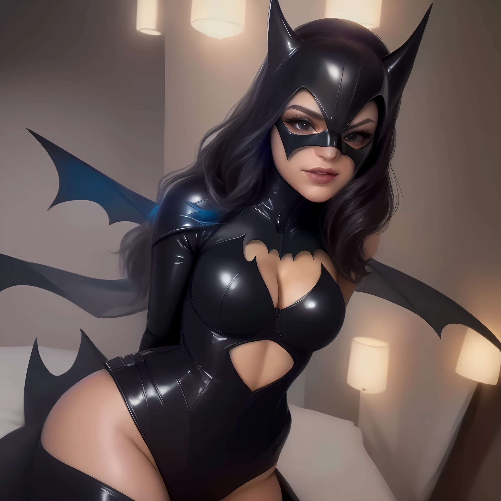 (extremely detailed, masterpiece, best quality, 8K high resolution CG), beautiful lighting, floating Batwoman, dressed in black latex suit with bat logo and a mask,