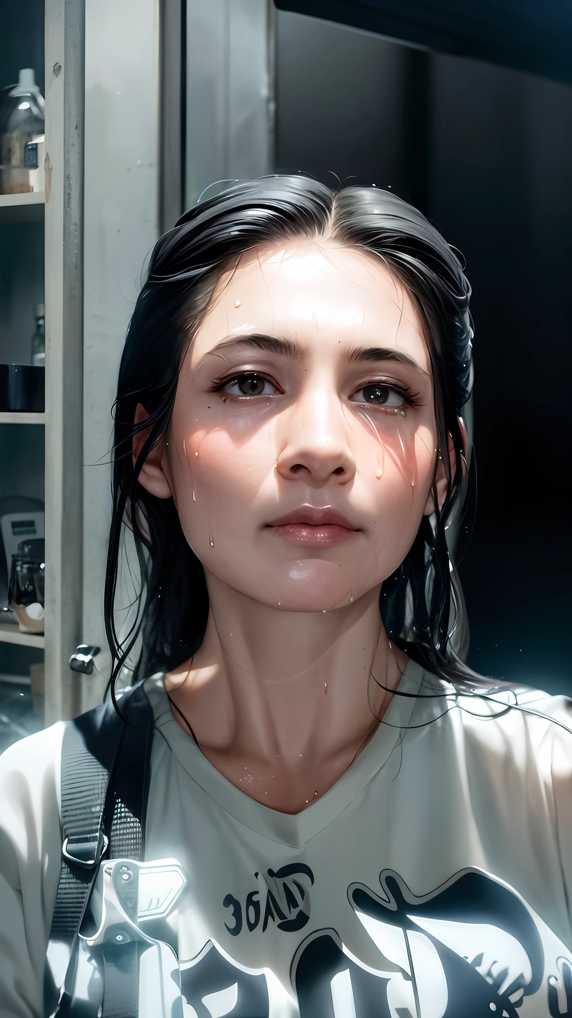 there is a woman with wet hair and a gray shirt, without makeup, wet face, 30 years old woman, 3 0 years old woman, her face muddy and sweat, her face flushing and sweat, sweaty face, 3 , 2 7 years old old, face pictars old, (38 years old)