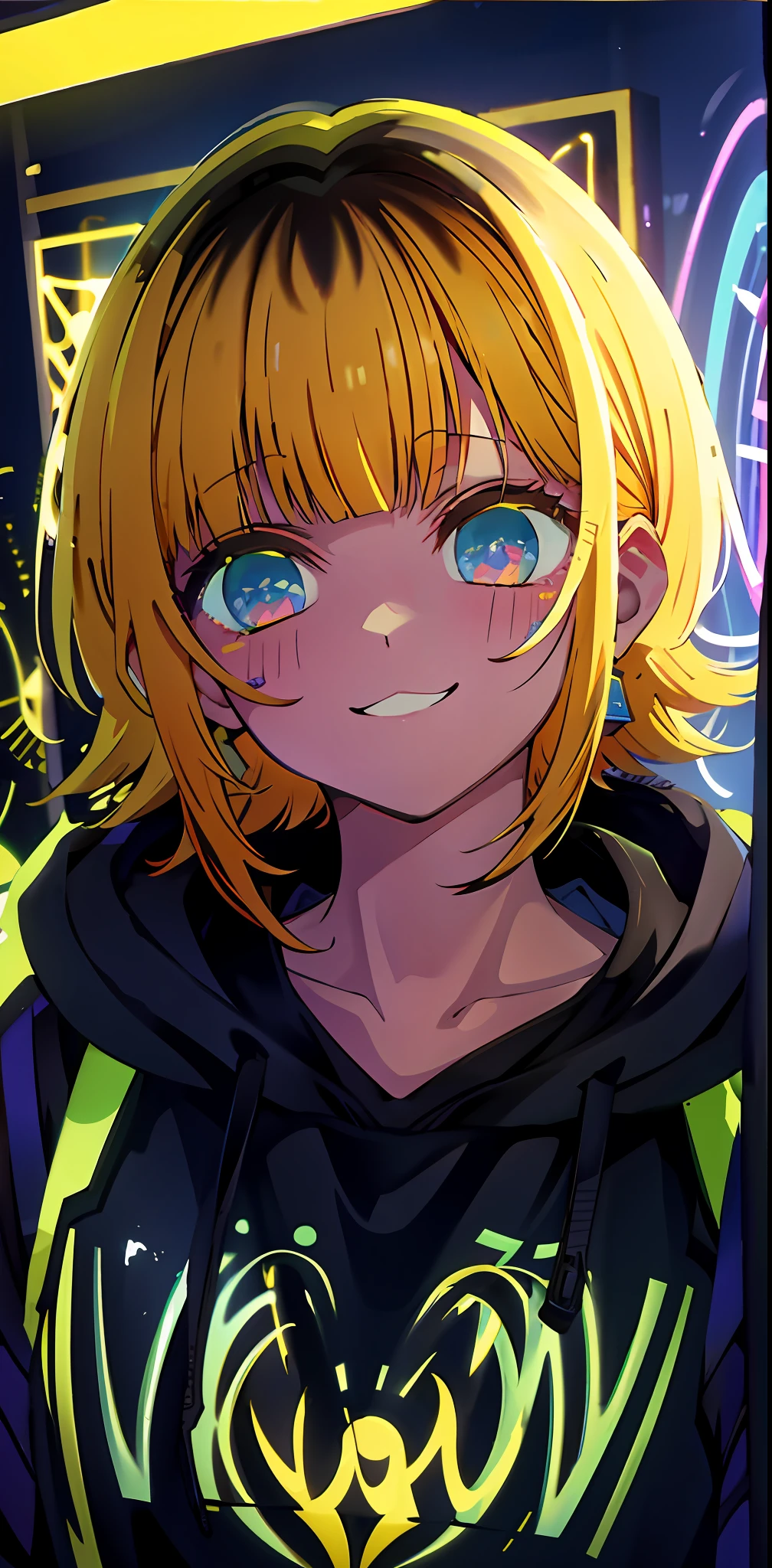 detailed background, masterpiece, best quality, smile, ornament, hoodie, portrait, yellow neon, graffiti, dark, night, glowing eyes, blacklight