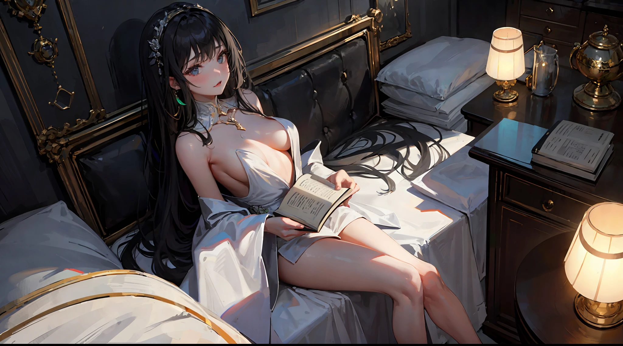 ((official art)), ((concept art)), The woman, 21 years old, sat gracefully behind the table, engrossed in her book. Her eyes, a captivating shade of emerald green, glimmered with intelligence and curiosity as she delved into the pages. Her long, flowing hair cascaded down her back, the sunlight dancing through its silky strands. The soft curve of her jawline accentuated her flawless complexion, while her pouty, rosy lips hinted at a gentle smile. As she turned the pages, her slender fingers traced the words, displaying a grace and elegance that seemed to mirror the words she absorbed. Her attire, a tasteful ensemble, showcased her confidence and style. A fitted blouse emphasized her natural curves, while the subtle hint of a delicate necklace adorned her graceful neck. The fabric of her skirt gracefully hugged her hips, accentuating her feminine allure. With each movement, her presence exuded a magnetic energy, drawing attention to her without effort.As the light danced upon her features, casting a gentle glow, it highlighted the subtle flush on her cheeks. Her posture radiated a blend of intelligence and sensuality, captivating those who caught a glimpse of her presence. The atmosphere seemed to be in harmony with her presence, as if the air itself carried an aura of intrigue and allure.