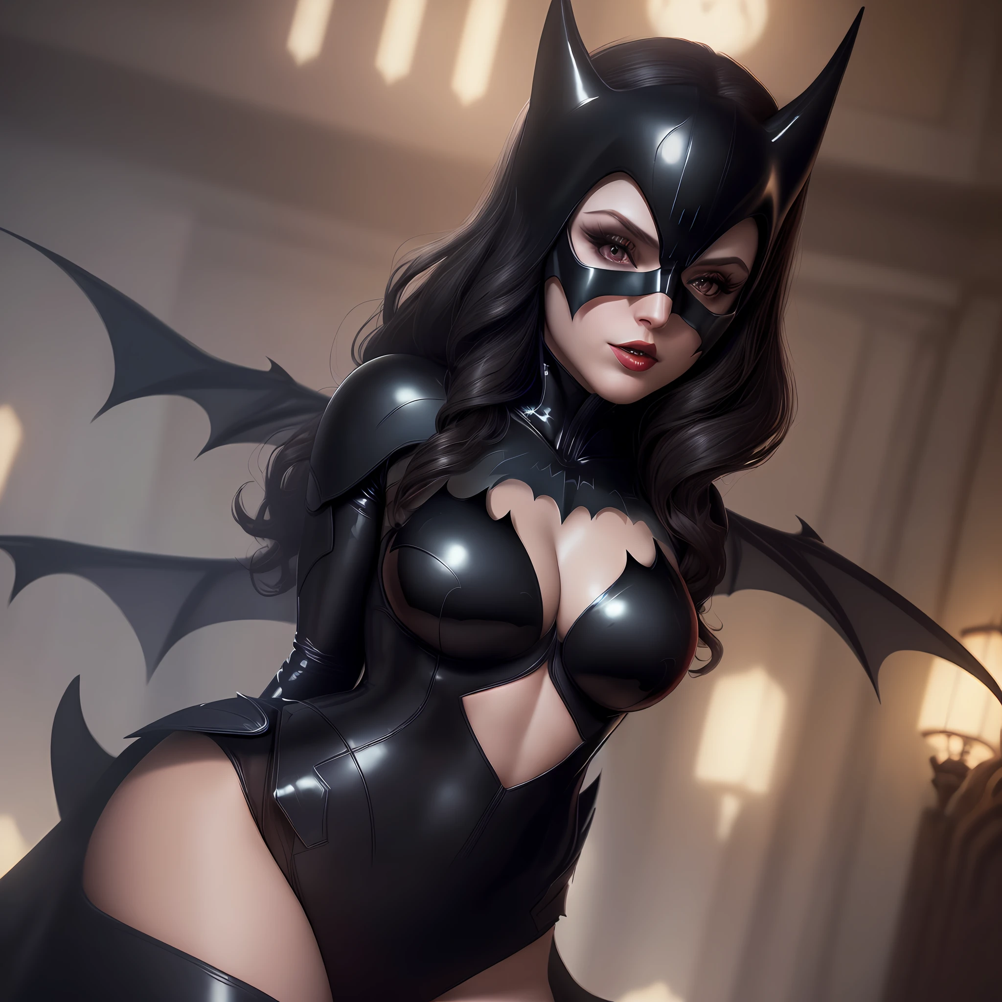 (extremely detailed, masterpiece, best quality, 8K high resolution CG), beautiful lighting, floating Batwoman, dressed in black latex suit with bat logo and a mask,