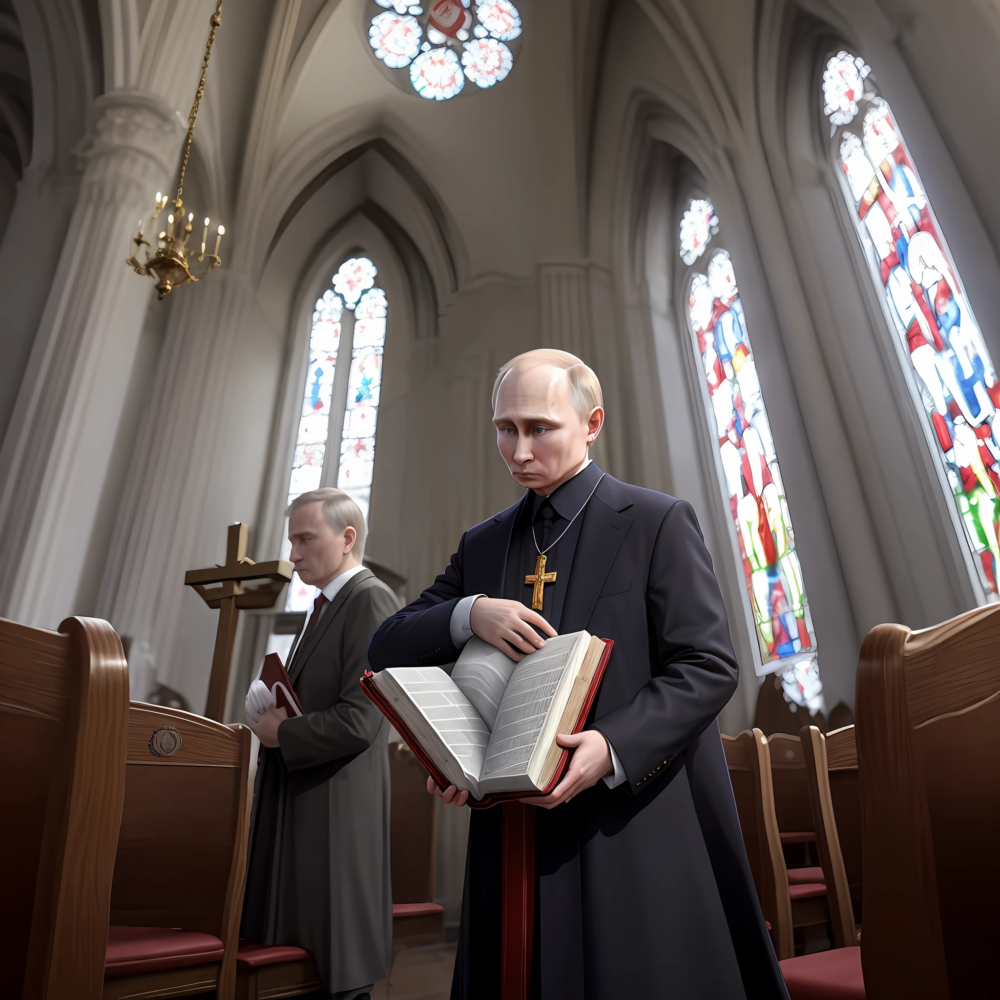 Putin in church praying with a bible in his hand
