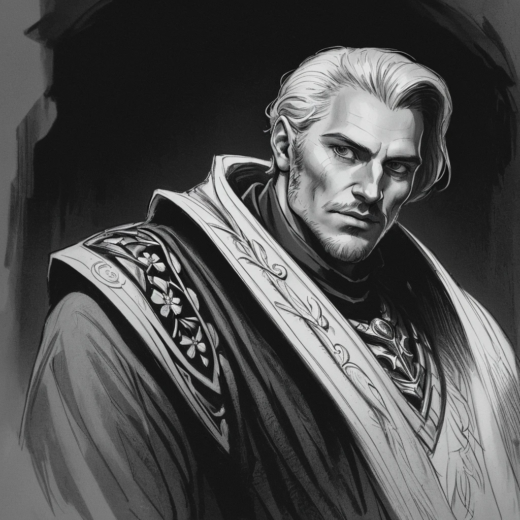 (high quality), (masterful work), rich detail, portrait of "Baron Heinrich Zemo" (marvel), black and white photo, light but elegant retouching, expressive facial expression, deep black shadows, shadow flower.