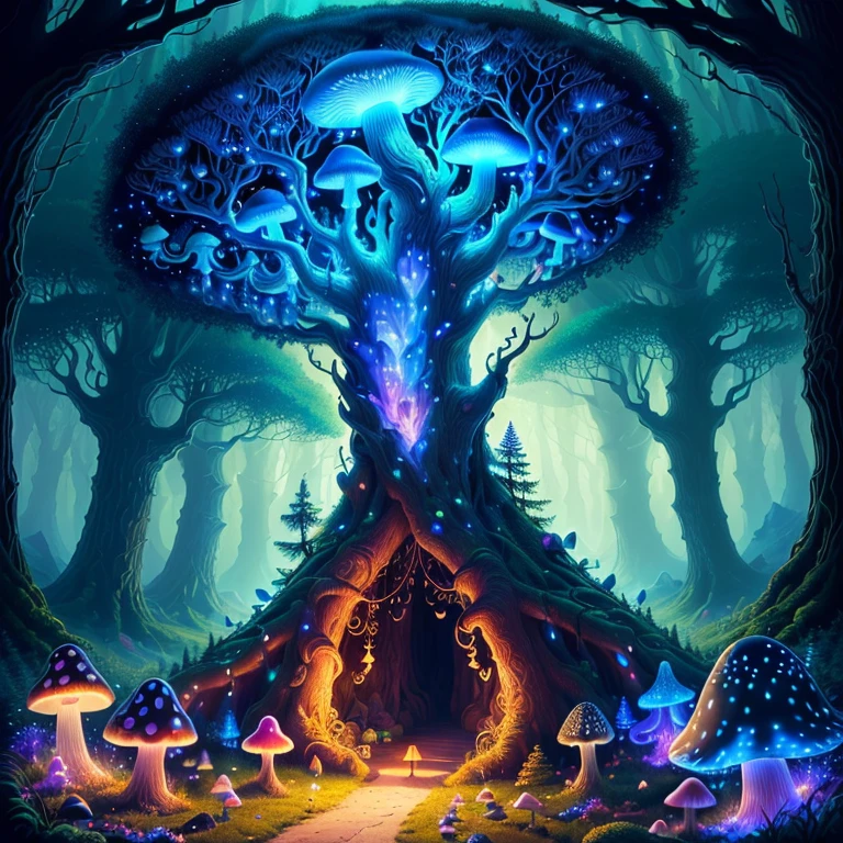 Anthill magic mushrooms inside a crystal glass, realistic cartoons