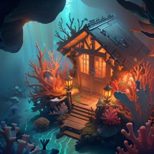 ((Realistic lighting, best quality, 8k, masterpiece: 1.3)), (shipwreck) seabed, (coral reefs, mosses, underwater creatures), octopus, crabs, (sunken treasures), (anthills), ants, mushrooms
