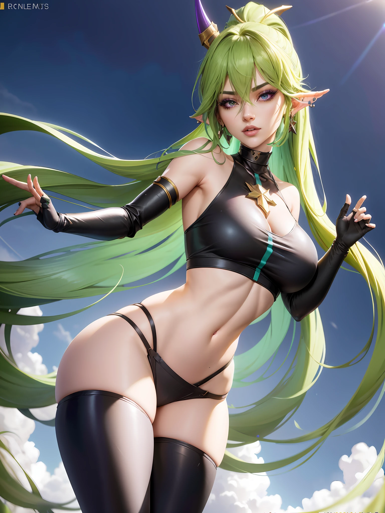 Soraka, League of Legends, Runeterra, high fantasy, gravure, ecchi, busty, field, grass, sky, high detailed, 8k, highres, (k/da all out kai'sa), league of legends, k/da \(league of legends\), 1girl, solo, cowboy shot, official alternate costume, black hair, multicolored hair, long hair, very long hair, ponytail, long ponytail, streaked hair, green hair, two-tone hair, purple eyes, lips, jewelry, earrings, makeup, bare shoulders, crop top, black crop top, collarbone, collar, shiny clothes, detached sleeves, breasts, medium breasts, crystals, gloves, elbow gloves, single fingerless glove, midriff, belt, pants, white pants, tight pants, high-waist pants, looking at viewer, photorealistic, Cinema 4D, vaporwave, cyberpunk, abstract, visionary, innovative, sexy, curvy but slender, mystical aura, highest resolution