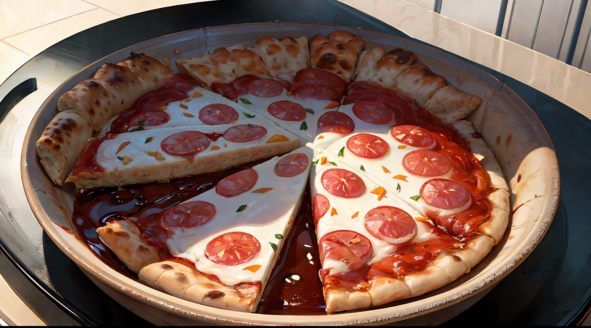 no people, white background, The pizza pepperoni was a delightful masterpiece of culinary delight. A circular canvas of golden-brown crust formed the foundation, crisp on the outside and tender on the inside. As the aroma of freshly baked dough filled the air, it beckoned with promises of a flavorful experience. Spread evenly across the crust, a vibrant tomato sauce infused with aromatic herbs and spices provided a rich and tangy base. It coated the surface, adding a burst of savory goodness to every bite. A blanket of mozzarella cheese, smooth and melty, covered the sauce, creating a luscious and creamy layer that brought the pizza together. But the star of the show was the pepperoni. Sliced thin and generously scattered across the pizza, each piece boasted a deep red color and a tantalizing aroma. The edges curled slightly, creating irresistible crispy bits that added texture and depth to the overall experience. The pepperoni delivered a harmonious blend of savory flavors, releasing its smoky, slightly spicy essence with each mouthwatering bite. The pizza was a symphony of flavors and textures, a perfect balance of tanginess, creaminess, and umami. With every slice, the crust provided a satisfying crunch, giving way to a chewy center that harmonized with the robust flavors of the sauce, cheese, and pepperoni. It was a sensory delight, pleasing to the eyes, nose, and taste buds.