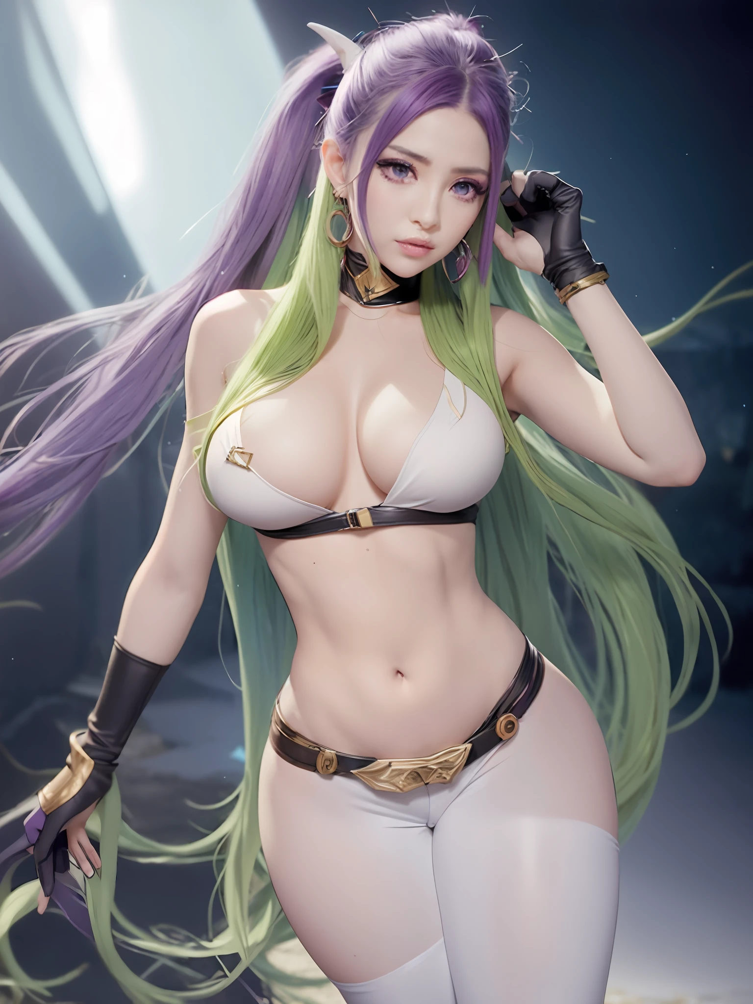 Soraka, League of Legends, Runeterra, high fantasy, gravure, ecchi, busty, field, grass, sky, high detailed, 8k, highres, (k/da all out kai'sa), league of legends, k/da \(league of legends\), 1girl, solo, cowboy shot, official alternate costume, black hair, multicolored hair, long hair, very long hair, ponytail, long ponytail, streaked hair, green hair, two-tone hair, purple eyes, lips, jewelry, earrings, makeup, bare shoulders, crop top, black crop top, collarbone, collar, shiny clothes, detached sleeves, breasts, medium breasts, crystals, gloves, elbow gloves, single fingerless glove, midriff, belt, pants, white pants, tight pants, high-waist pants, looking at viewer, photorealistic, Cinema 4D, vaporwave, cyberpunk, abstract, visionary, innovative, sexy, curvy but slender, mystical aura, highest resolution