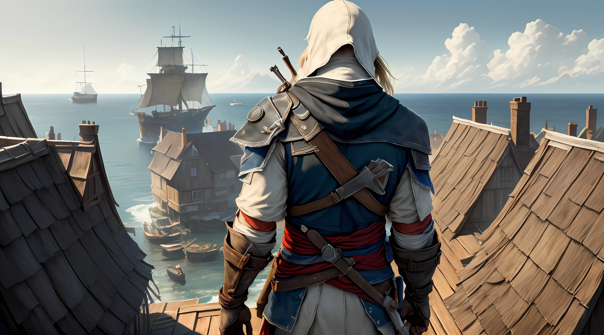 (Ultra detailed), (masterpiece), (best quality), (very detailed CG unit 8k wallpaper), ((Edward Kenway)), (assassins Creed black flag), ((back view)), ((on the roof of houses)) in France of the year 1800, (houses), ((looking at the horizon)), (ships in the distance at the end of the city), dim light, soft light, concept art, dimly lit, assassins creed rogue outfit,  cinematic, highly detailed, stylized wallpaper