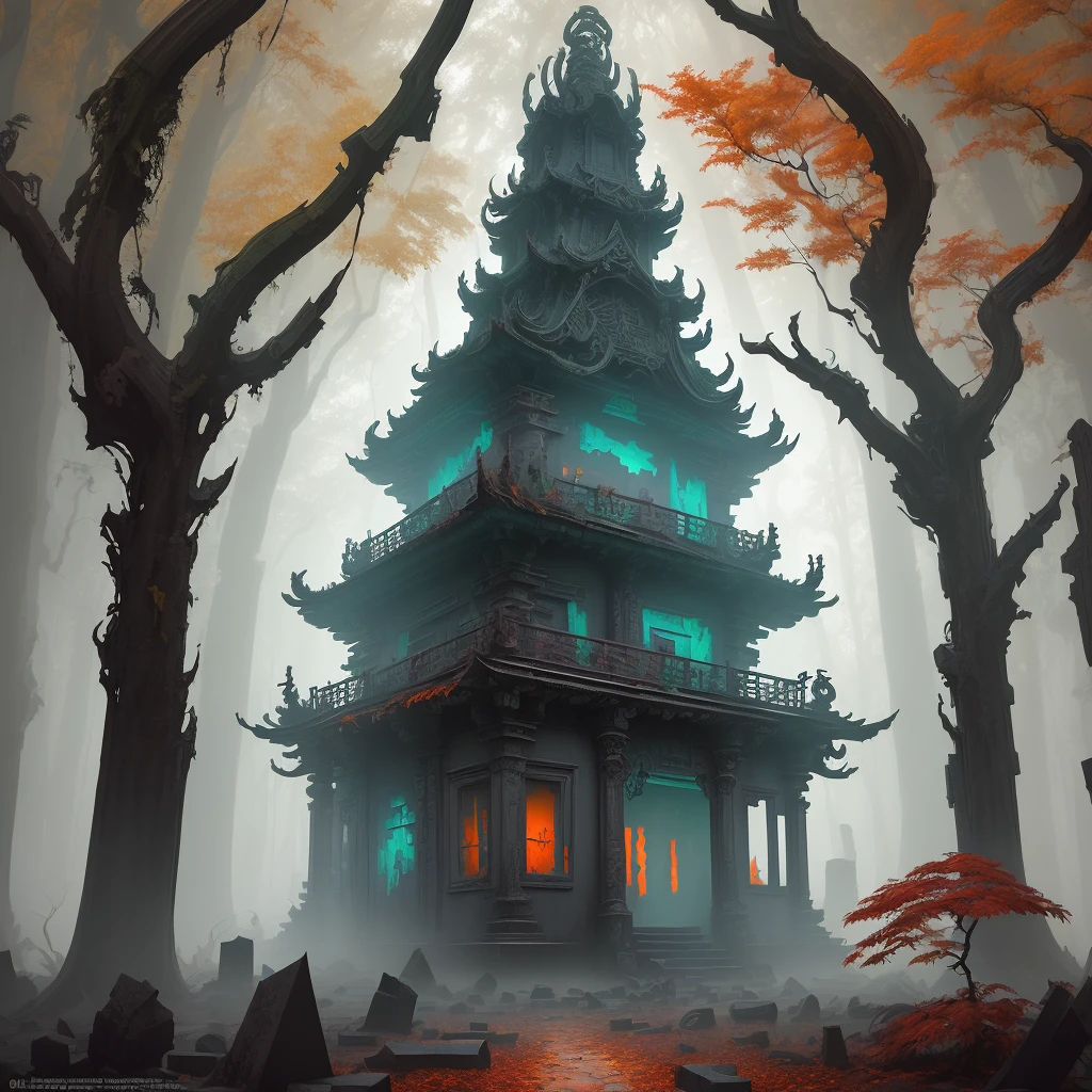 a surreal digital painting artwork of a mysterious temple in ruins, deep in the dark forest with foggy atmosphere and colorful autumn leaves falling from trees, rendered in photoshop by artist WLOP, John Jiao, Kode Logic, Archan Nair, Ilya Kuvshinov, vibrant colors palette, subtle details, perfect composition, dynamic lighting effects –ar 4:3 –upbeta