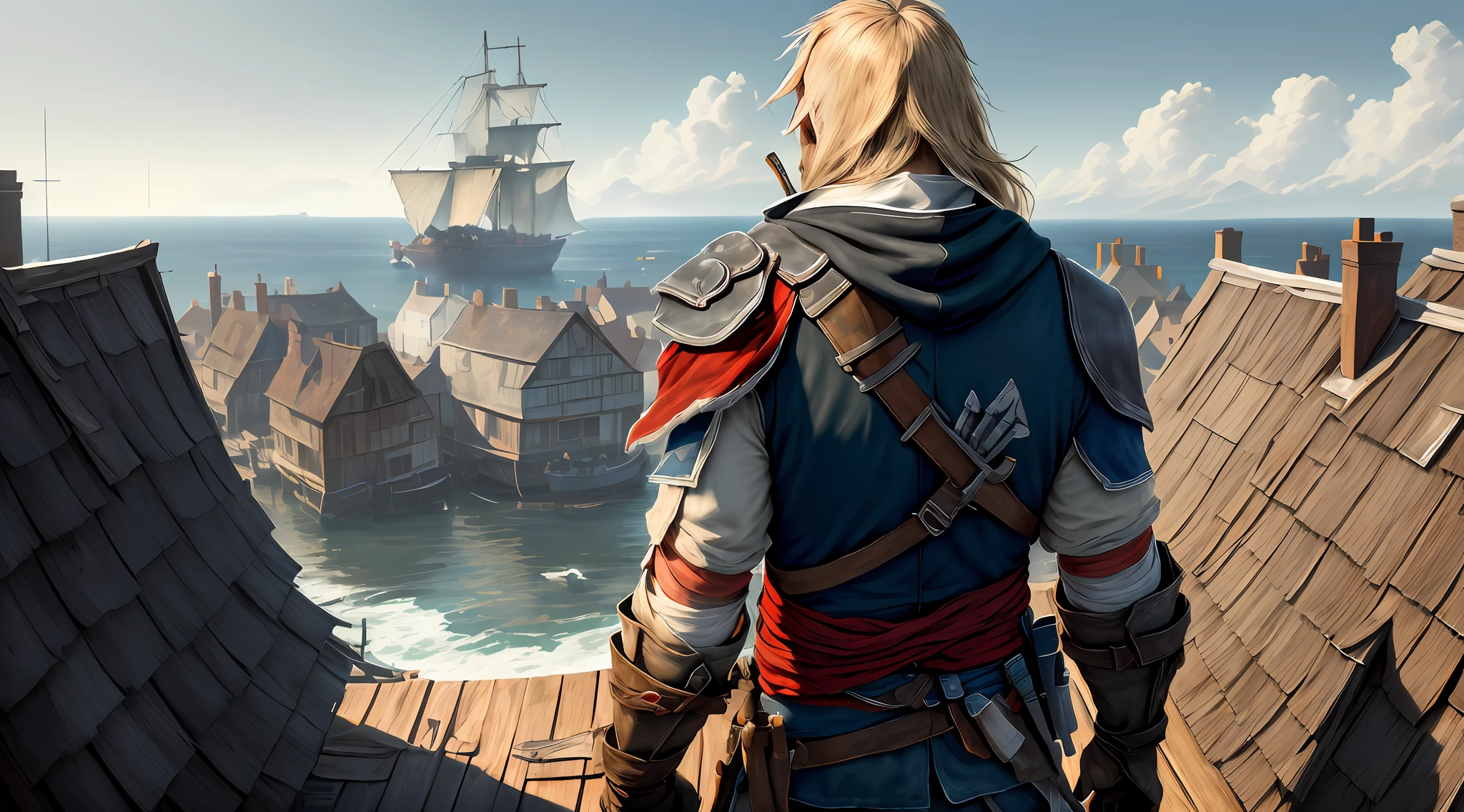 (Ultra detailed), (masterpiece), (best quality), (very detailed CG unit 8k wallpaper), ((Edward Kenway)), (assassins Creed black flag), ((back view)), ((on the roof of houses)) in France of the year 1800, (houses), ((looking at the horizon)), (ships in the distance at the end of the city), dim light, soft light, concept art, dimly lit, assassins creed rogue outfit,  cinematic, highly detailed, stylized wallpaper