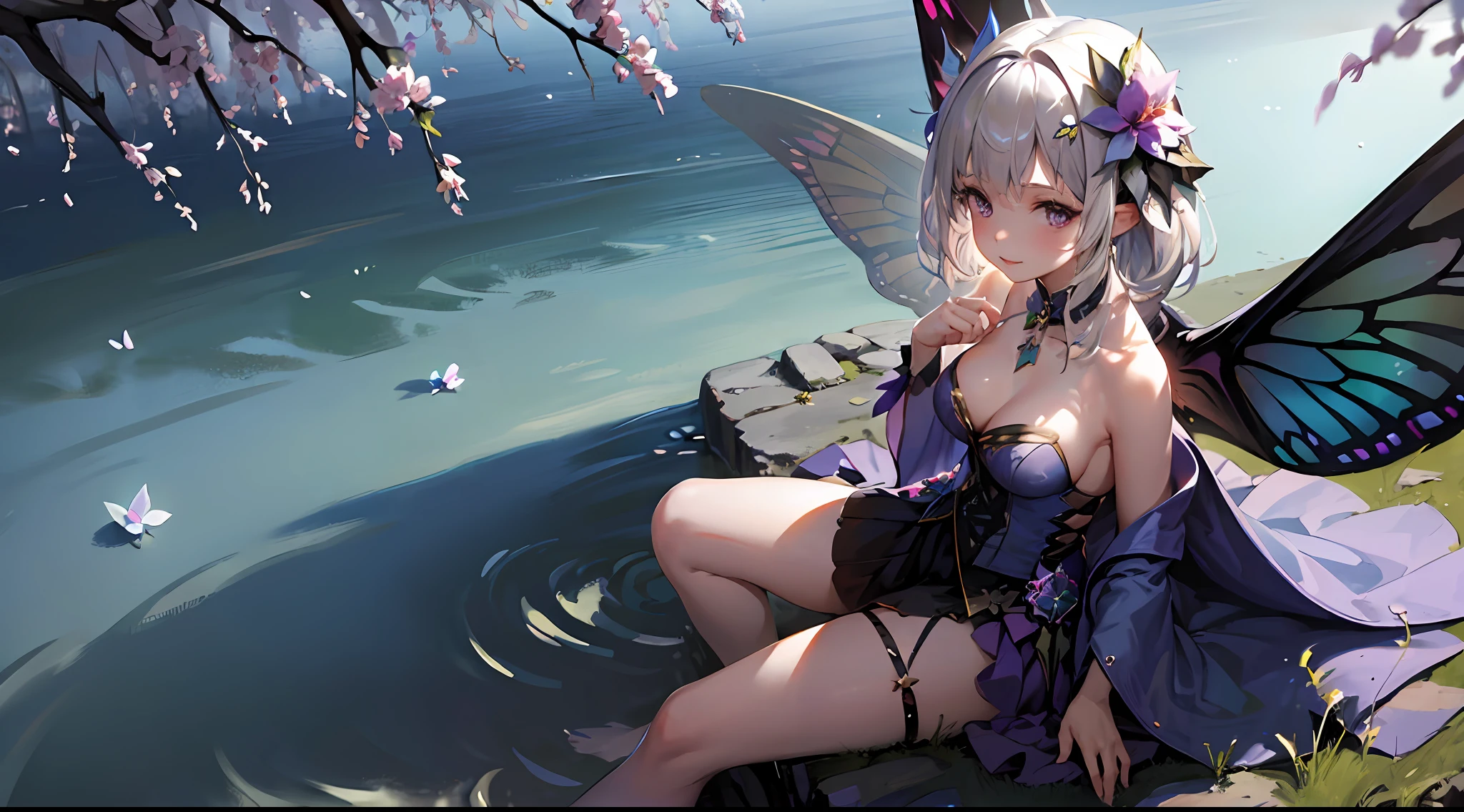 1girl, solo, fairy, sitting, flower, large flower, angle view, from above, looking at viewer, lavender, blonde hair, white hair, purple reflections, detailed outfit, butterfly wings, sharp wings, lush wings transparent wings, water, scenery, (light palitre)