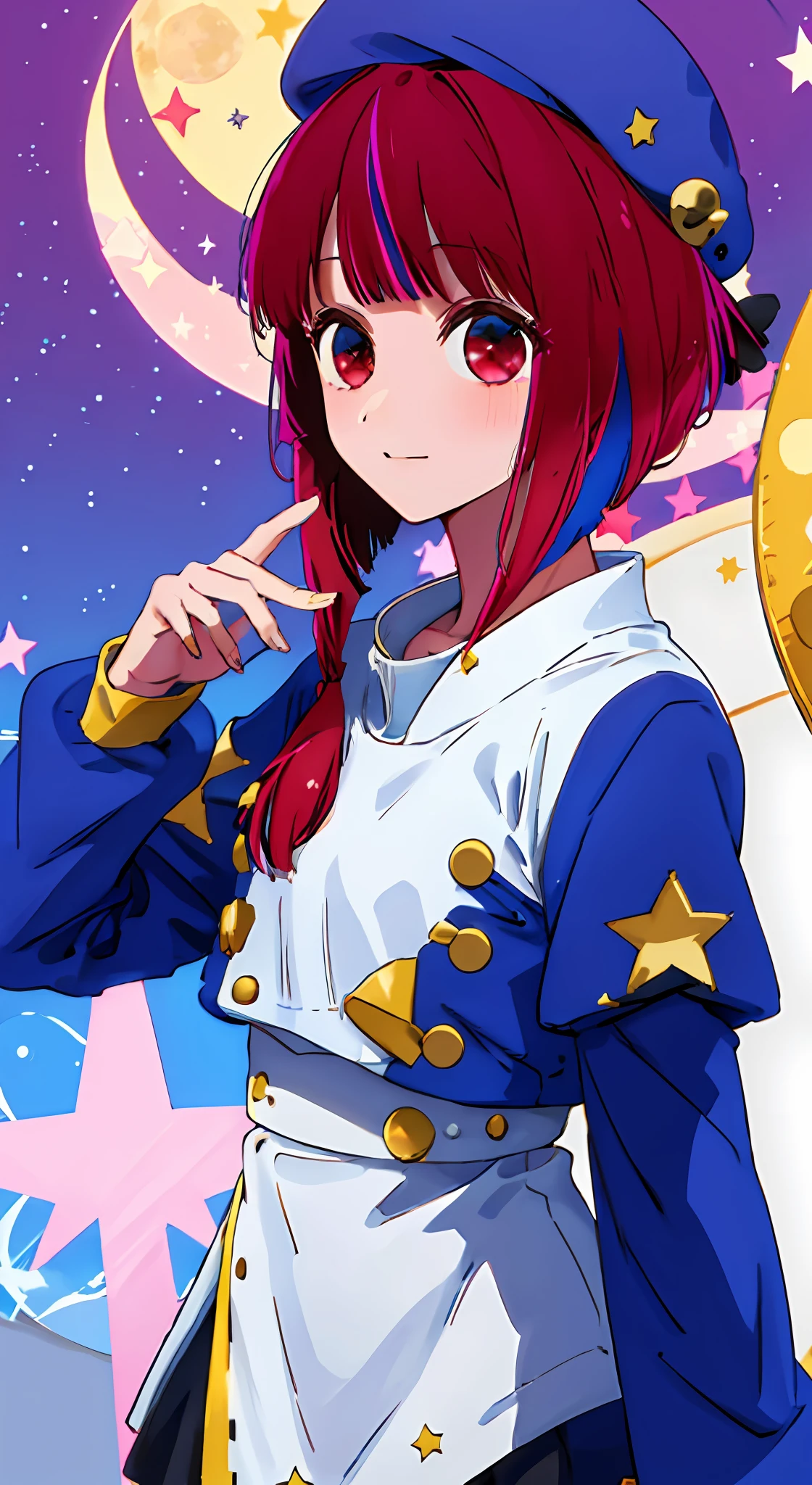 1girl, solo, astronaut , bangs,happy,posing, multicolored hair, moon background , Arima Kana, hat, blue headwear, beret, (masterpiece:1.2), highres, best quality, 8k, holding stars in hand