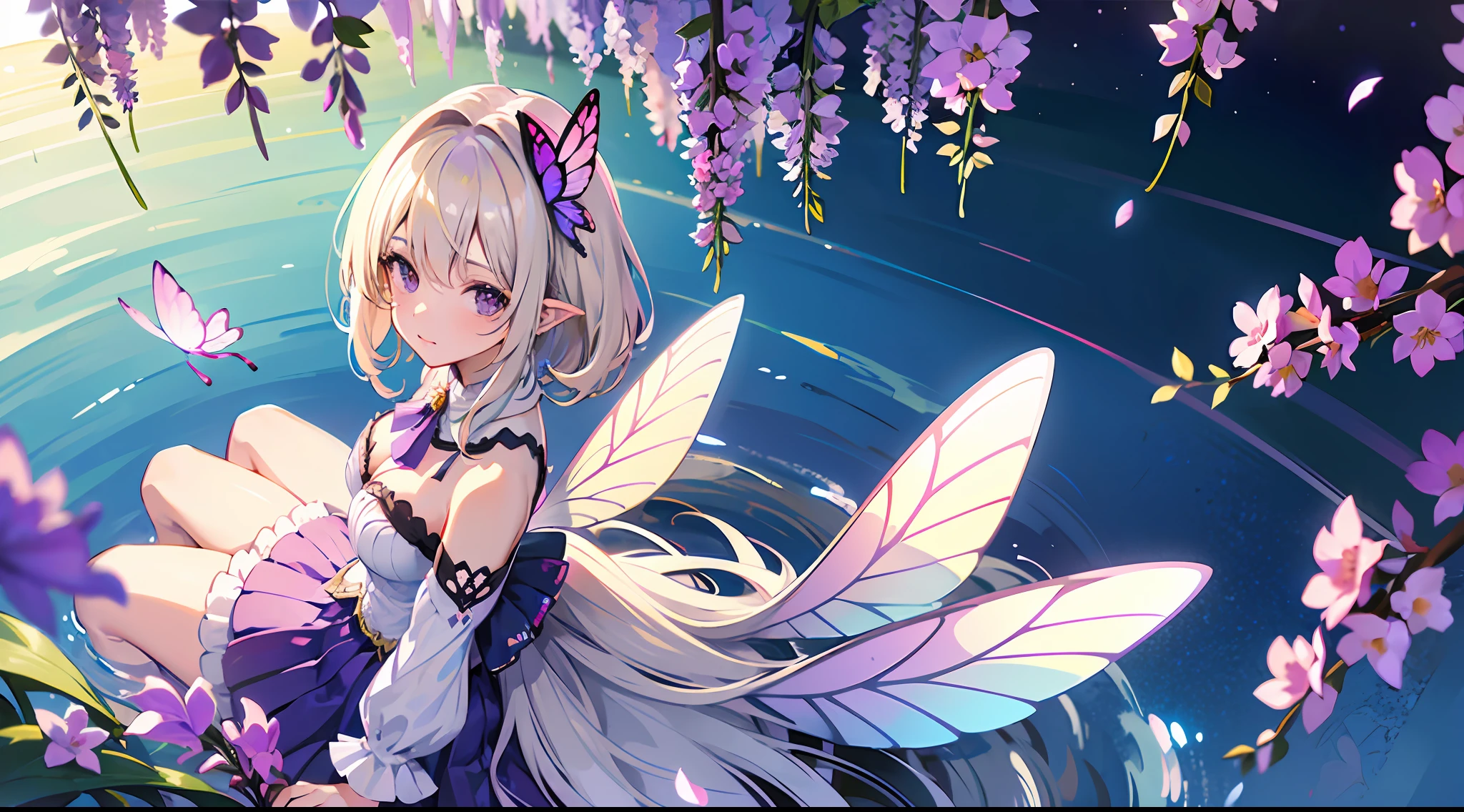 1girl, solo, fairy, sitting, flower, large flower, angle view, from above, looking at viewer, lavender, blonde hair, white hair, purple reflections, detailed outfit, butterfly wings, sharp wings, lush wings transparent wings, water, scenery, (light palitre)